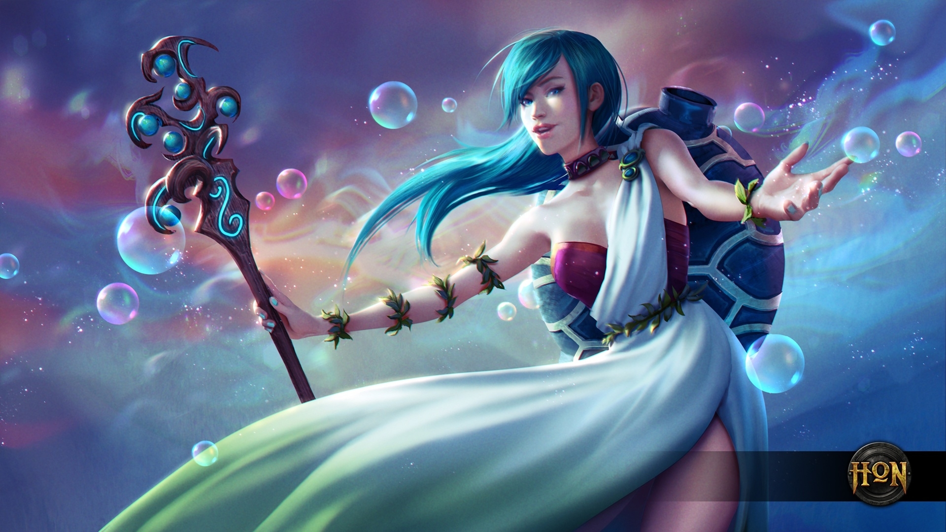 fantasy, girl, game, bubbles, heroes of newerth, aquarius, blue, HD Wallpaper