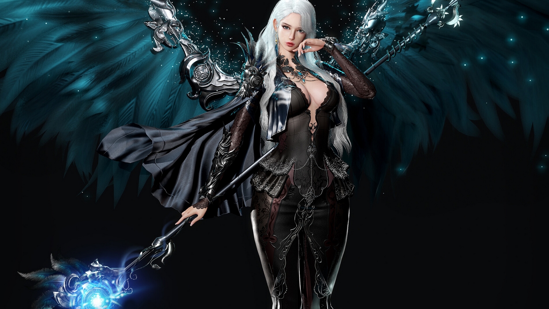 frumusete, fantasy, wings, luminos, angel, black, bora kim, blue, HD Wallpaper