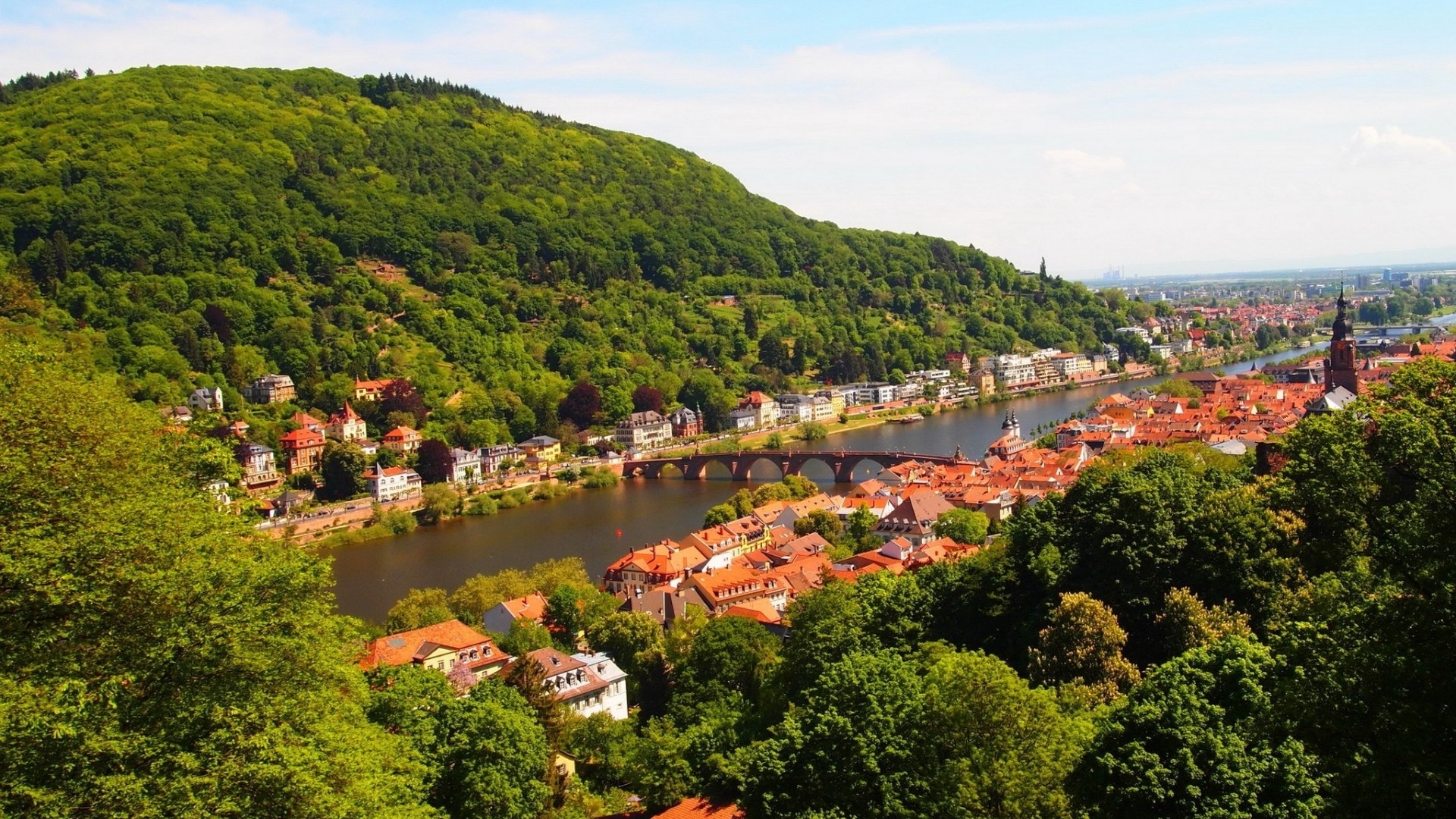 mountain, bridge, town, river, trees, HD Wallpaper