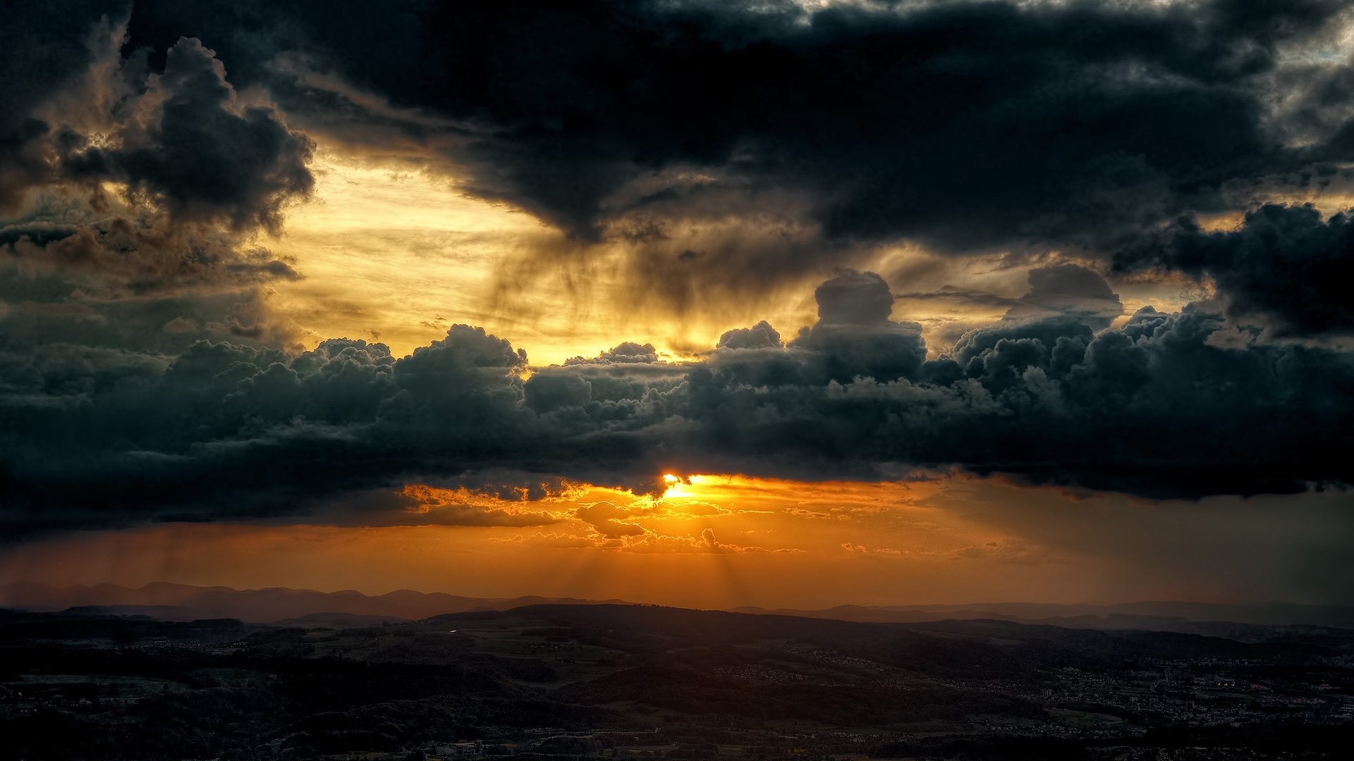 clouds, break, sun, ocean, dark, through, stormy, HD Wallpaper