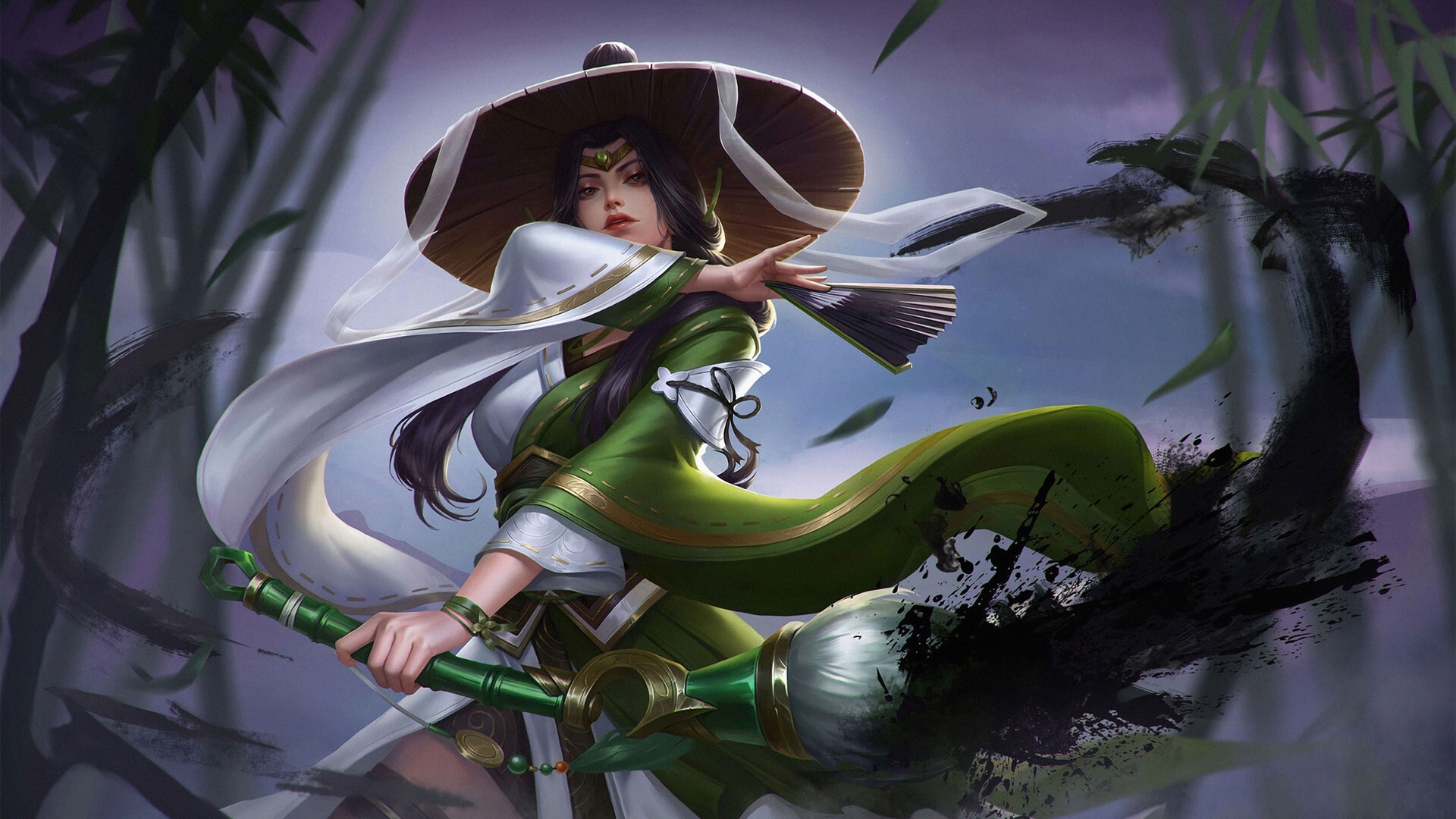 green, evantai, asian, hand fan, archer, hat, frumusete, luminos, warrior, fantasy, HD Wallpaper