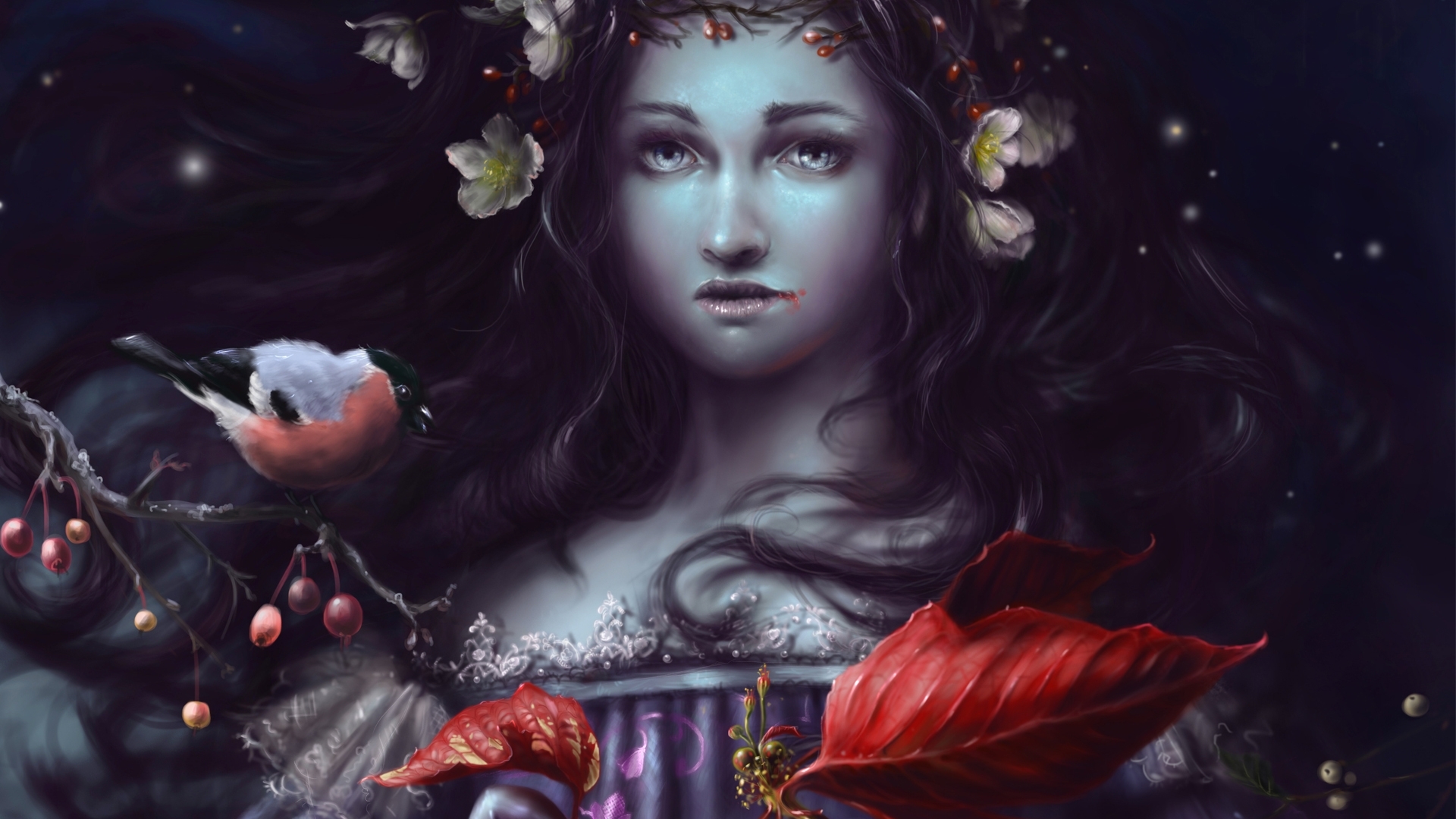 red, art, autumn, luminos, pasare, leaf, fantasy, girl, bird, blue, HD Wallpaper