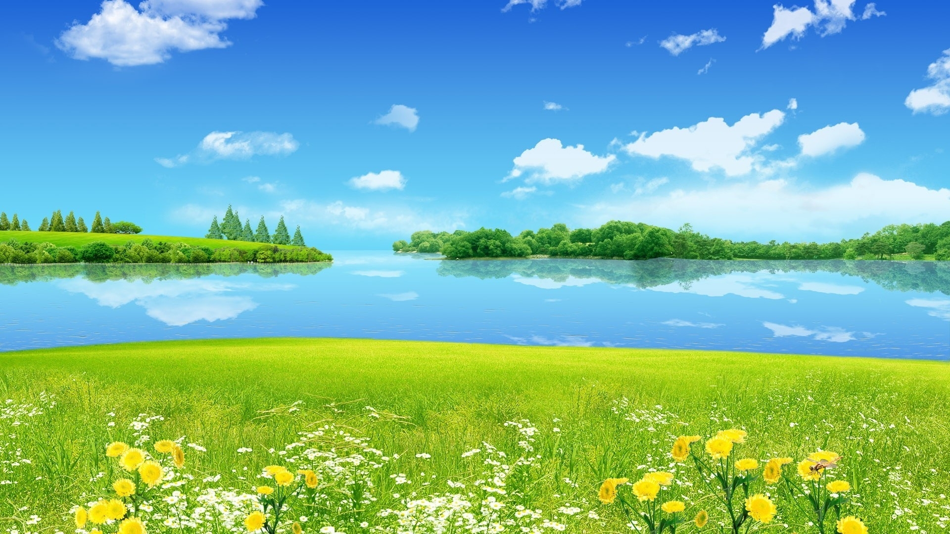 trees, flowers, sky, river, HD Wallpaper