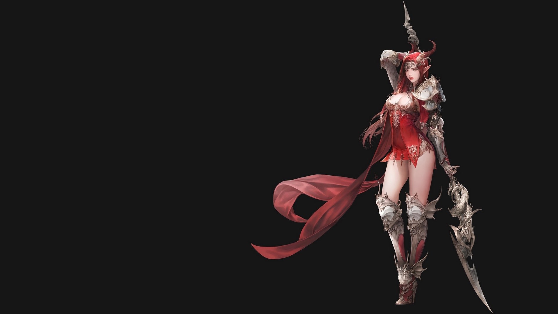 red, luminos, goddess, black, dragons, horns, fantasy, girl, daeho cha, HD Wallpaper