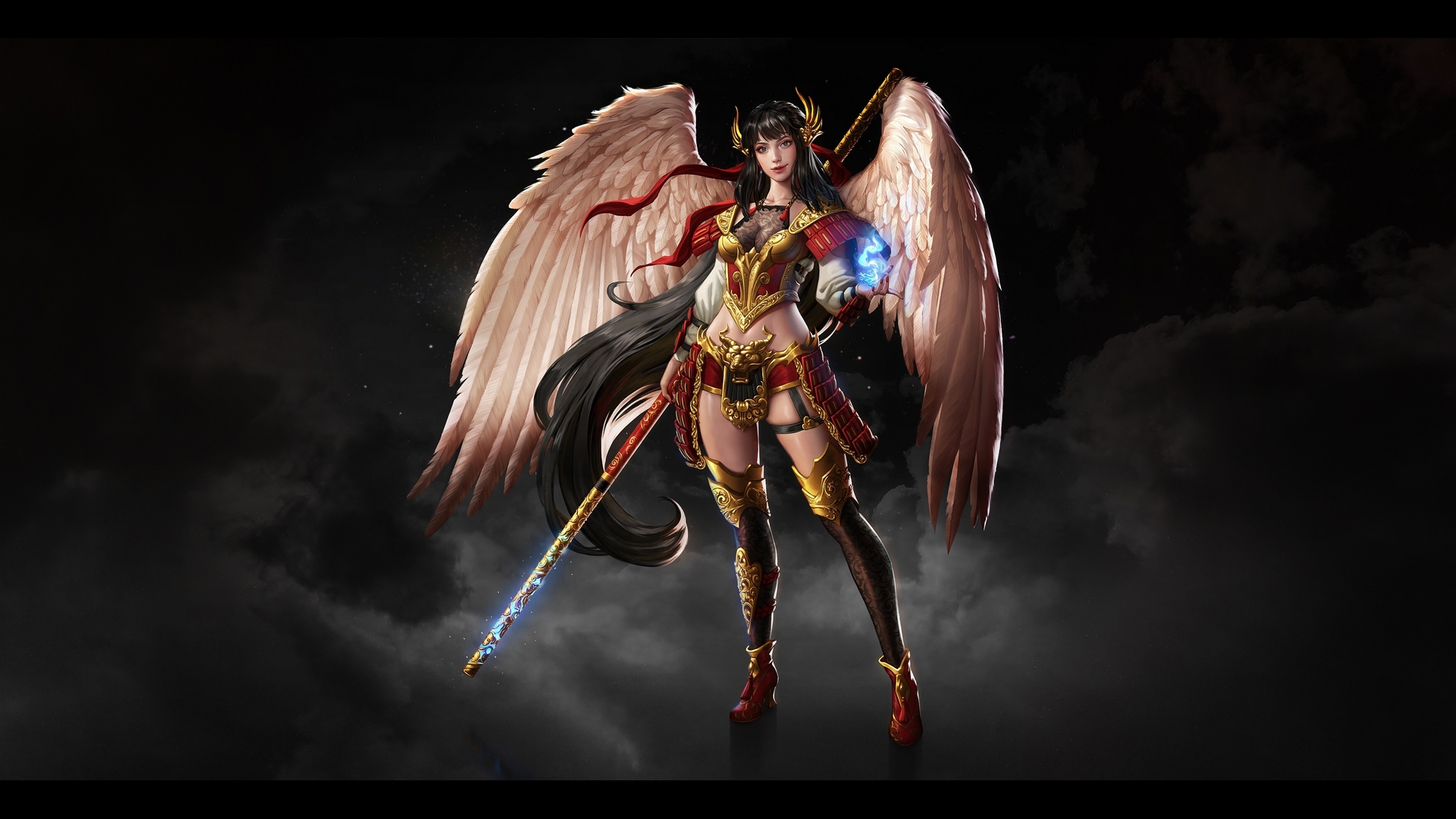 angel, karmen loh, wings, fantasy, girl, luminos, sword, HD Wallpaper