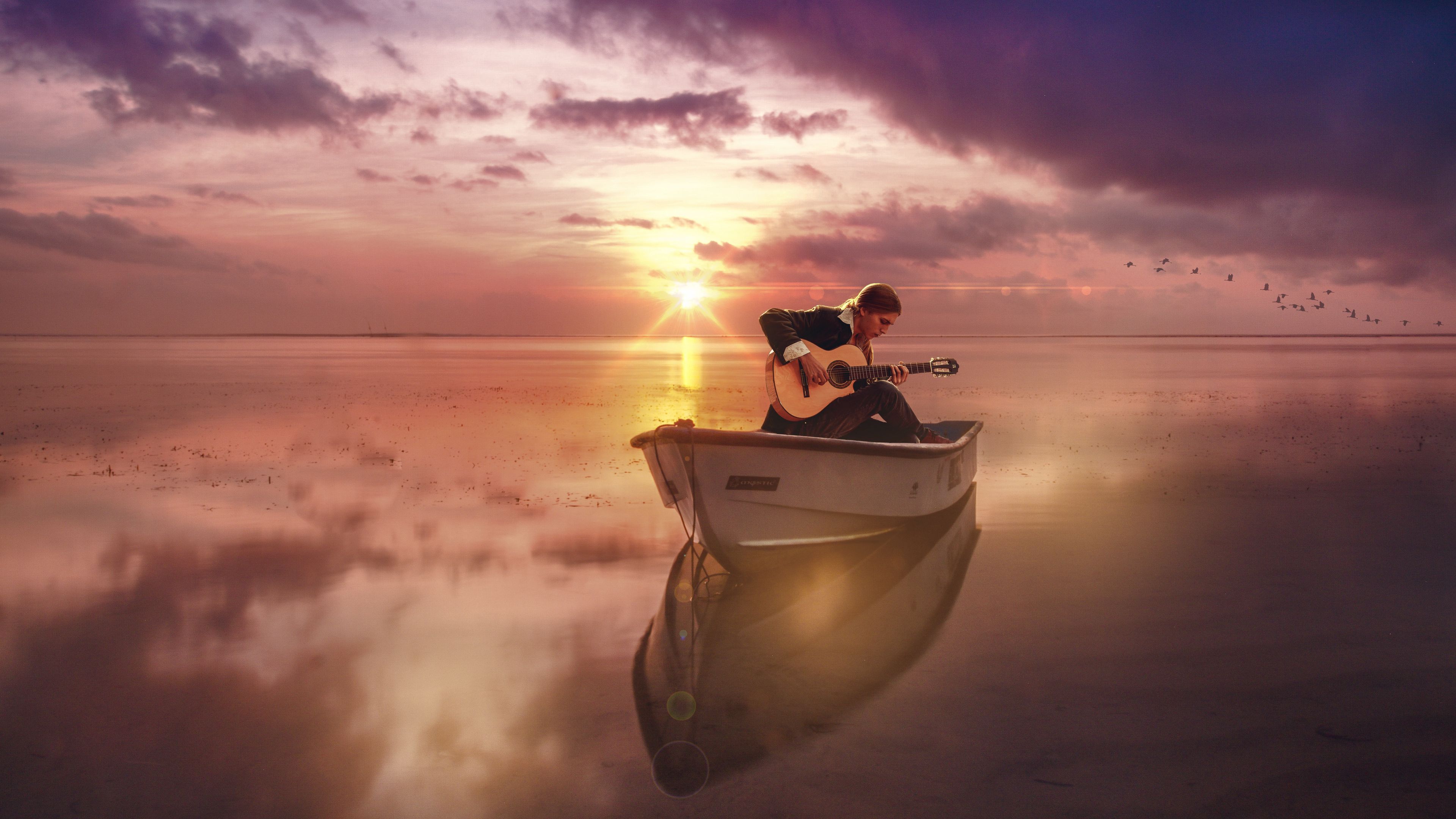 guitar, guitarist, boat, sea, sunset, horizon, musician, 4k, HD Wallpaper
