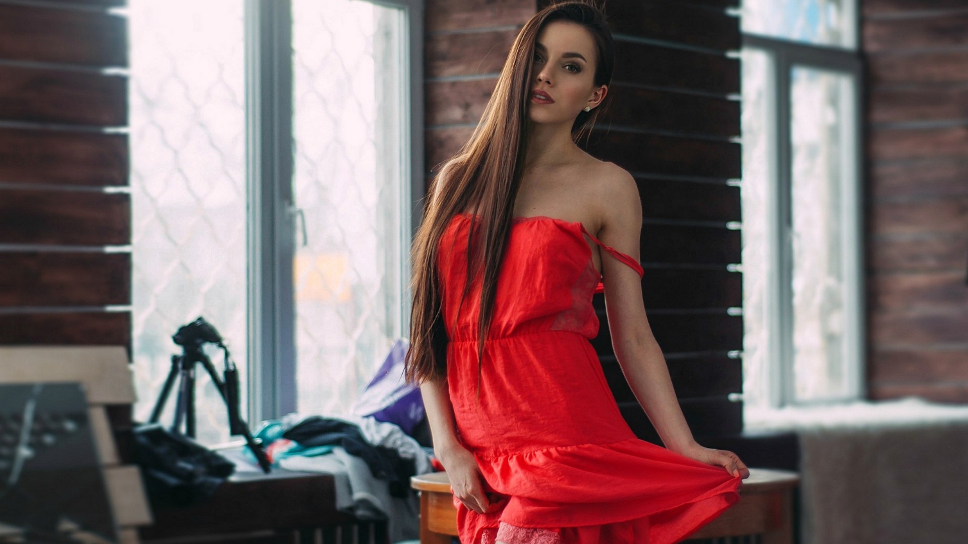 red, brunette, dress, model, HD Wallpaper