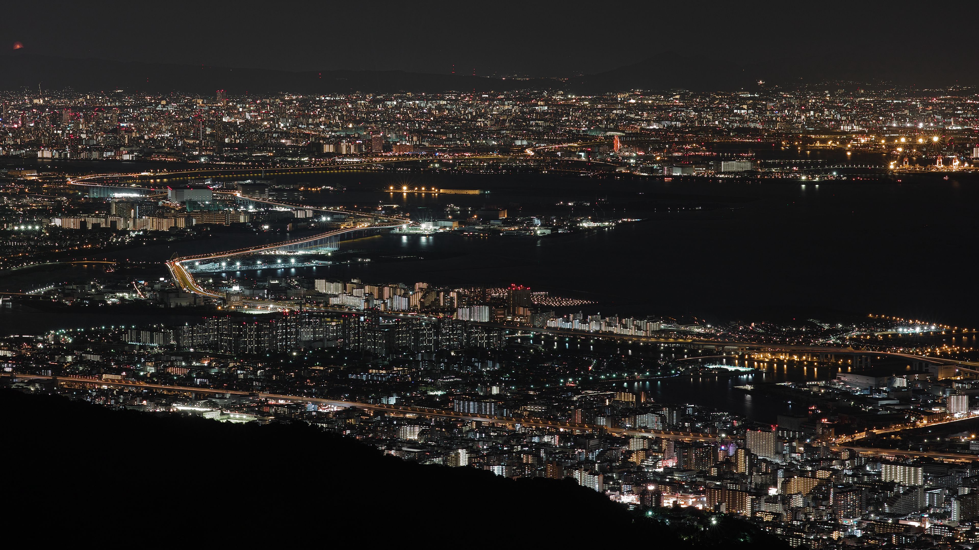 night city, top view, city lights, bay, osaka, japan, 4k, HD Wallpaper
