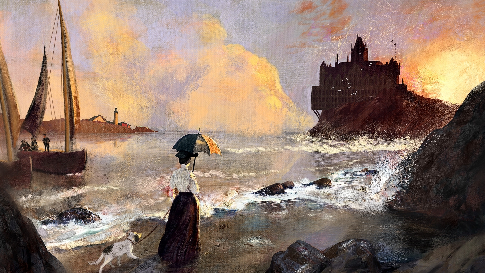 walk, sea, dog, art, caine, umbrella, fantasy, girl, jan hadzic, painting, morning, pictura, castle, HD Wallpaper