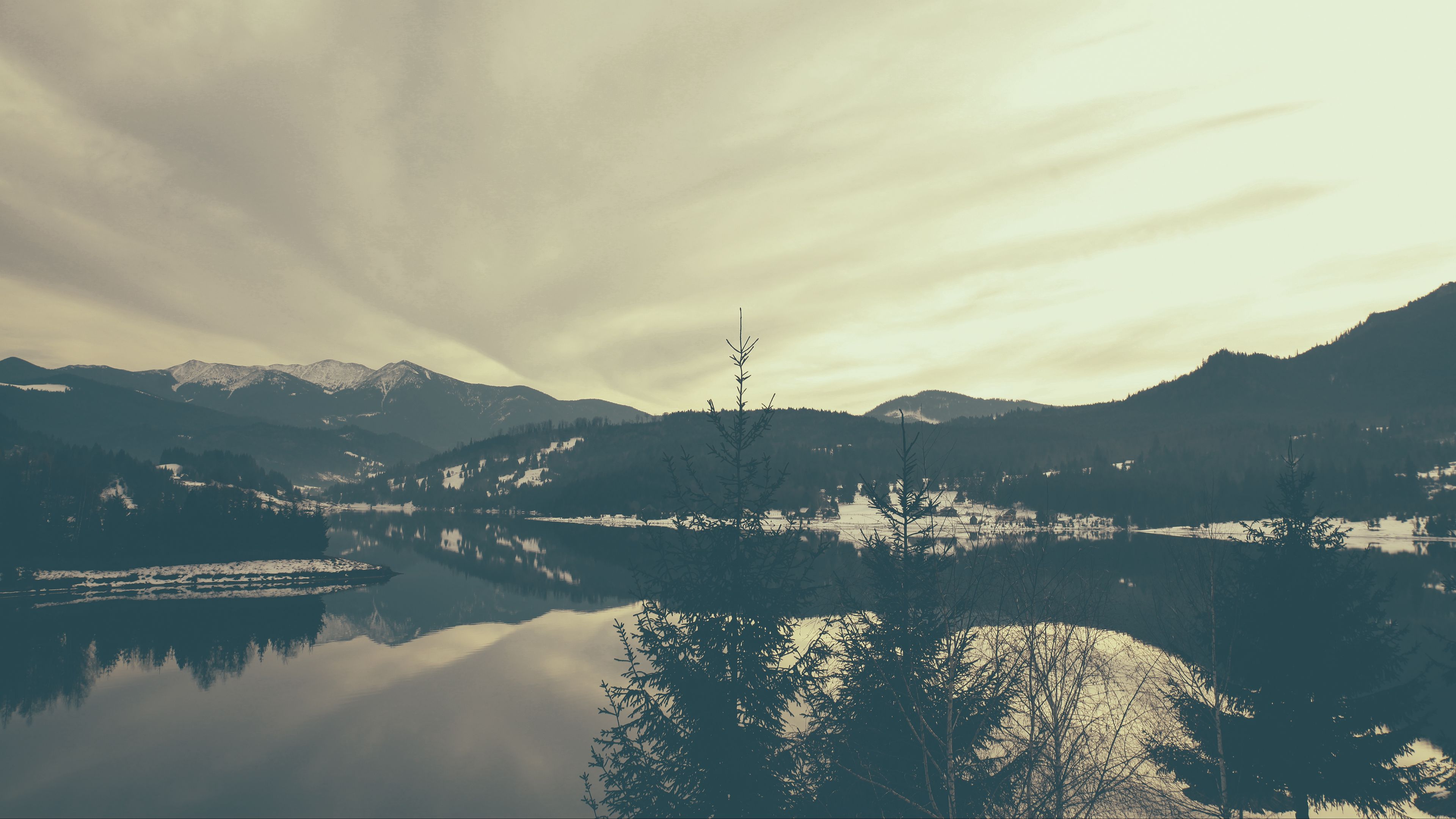 mountains, lake, bw, romania, 4k, HD Wallpaper