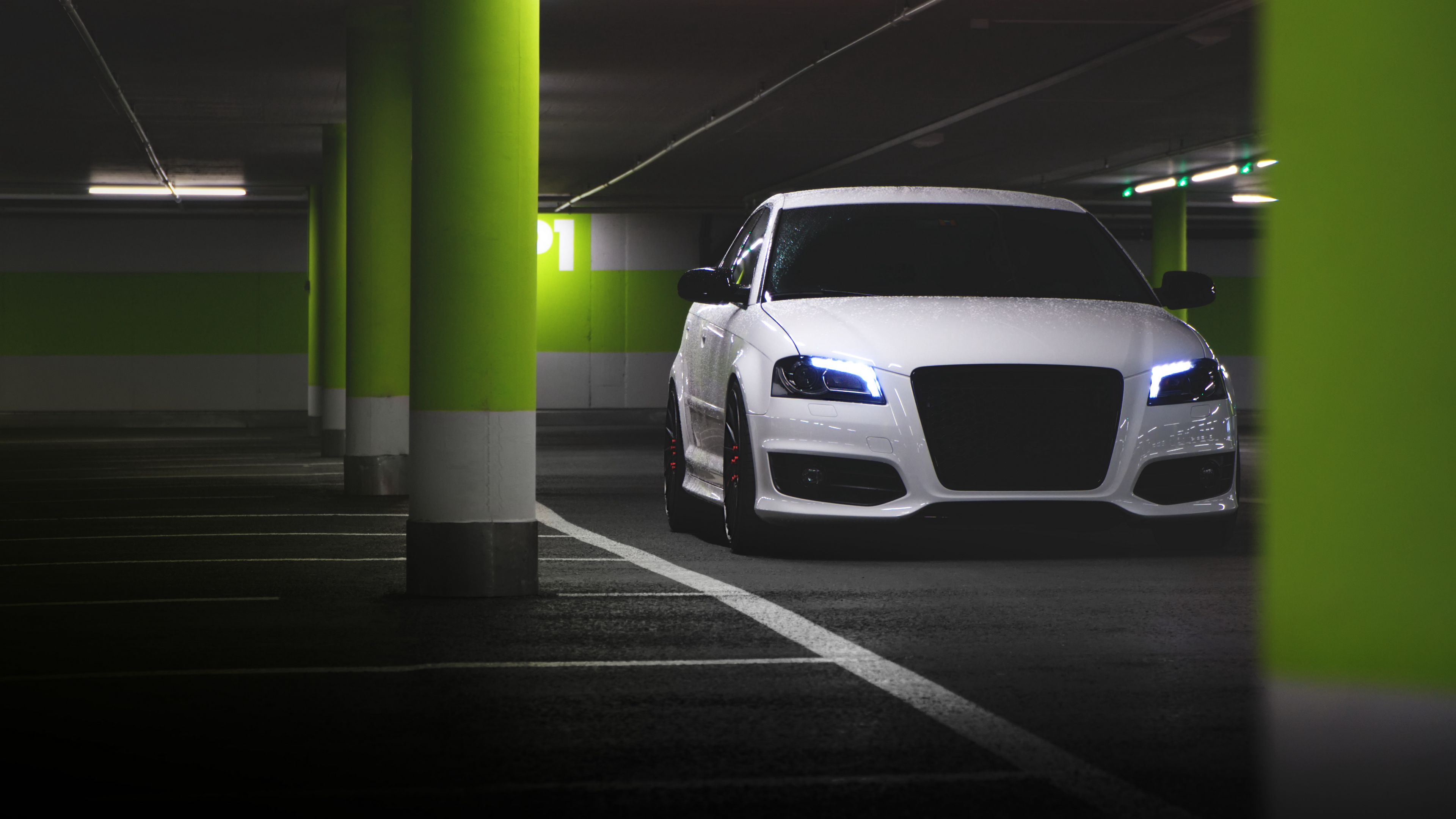 audi, lights, parking, 4k, HD Wallpaper