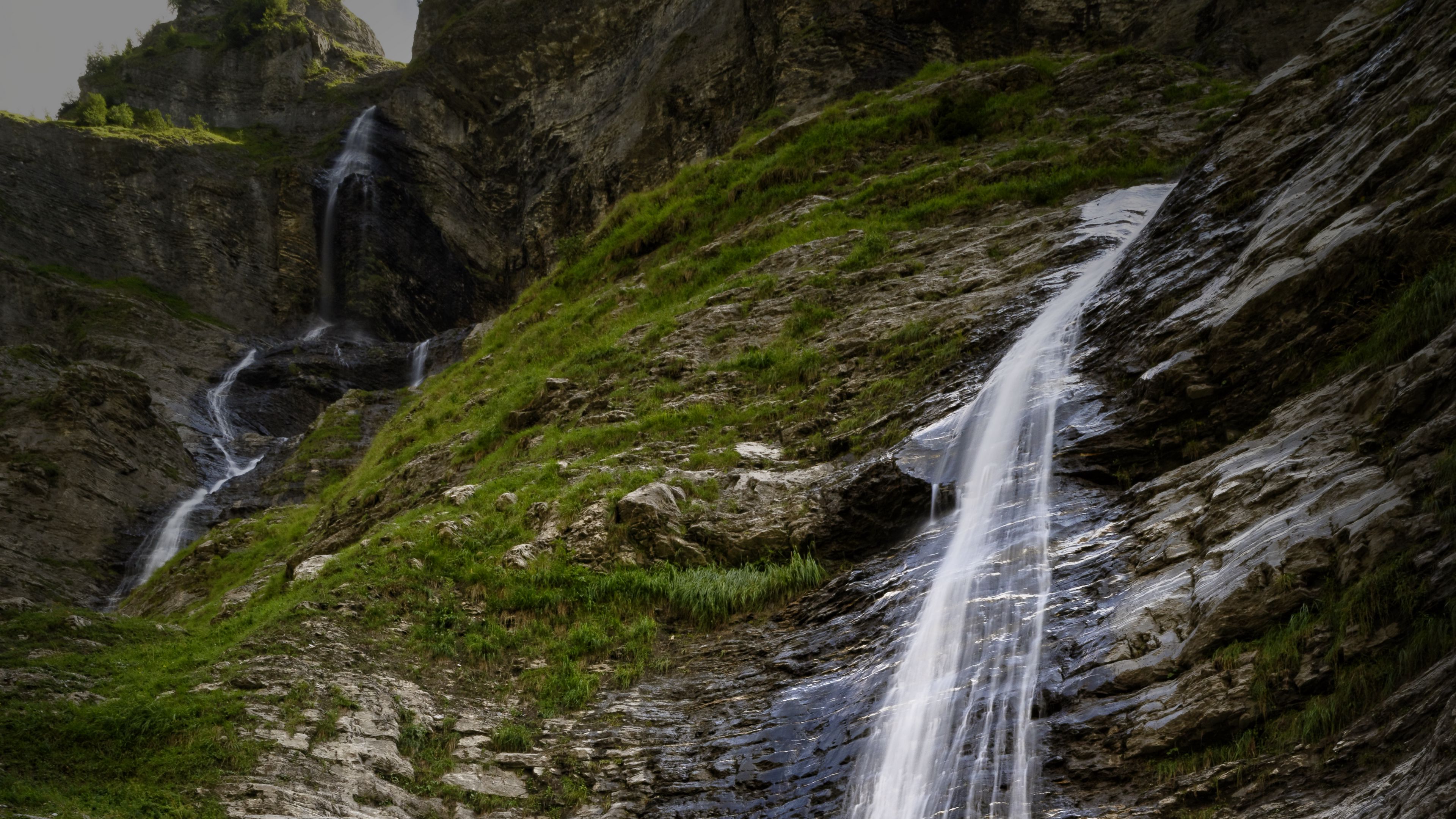 waterfall, rocks, blocks, grass, 4k, HD Wallpaper