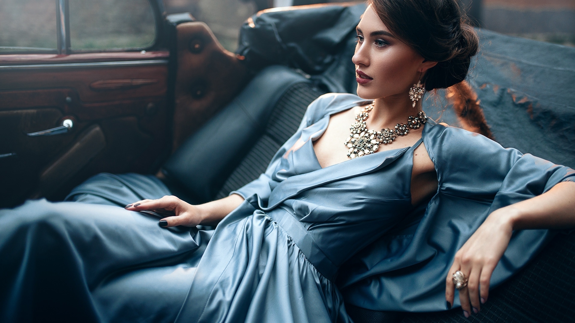 model, girl, blue, dress, car, woman, HD Wallpaper