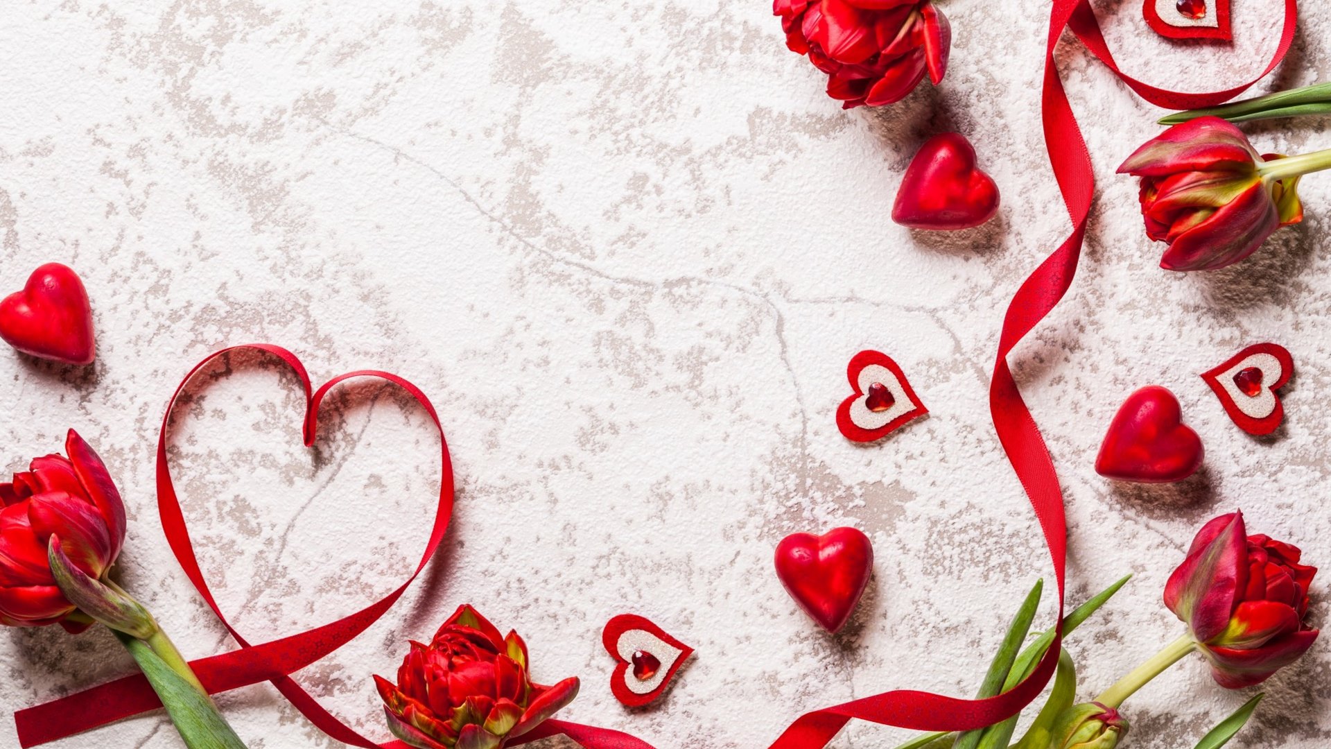 valentines day, with love, naure, red tulips, flowers, tulips, hearts, HD Wallpaper