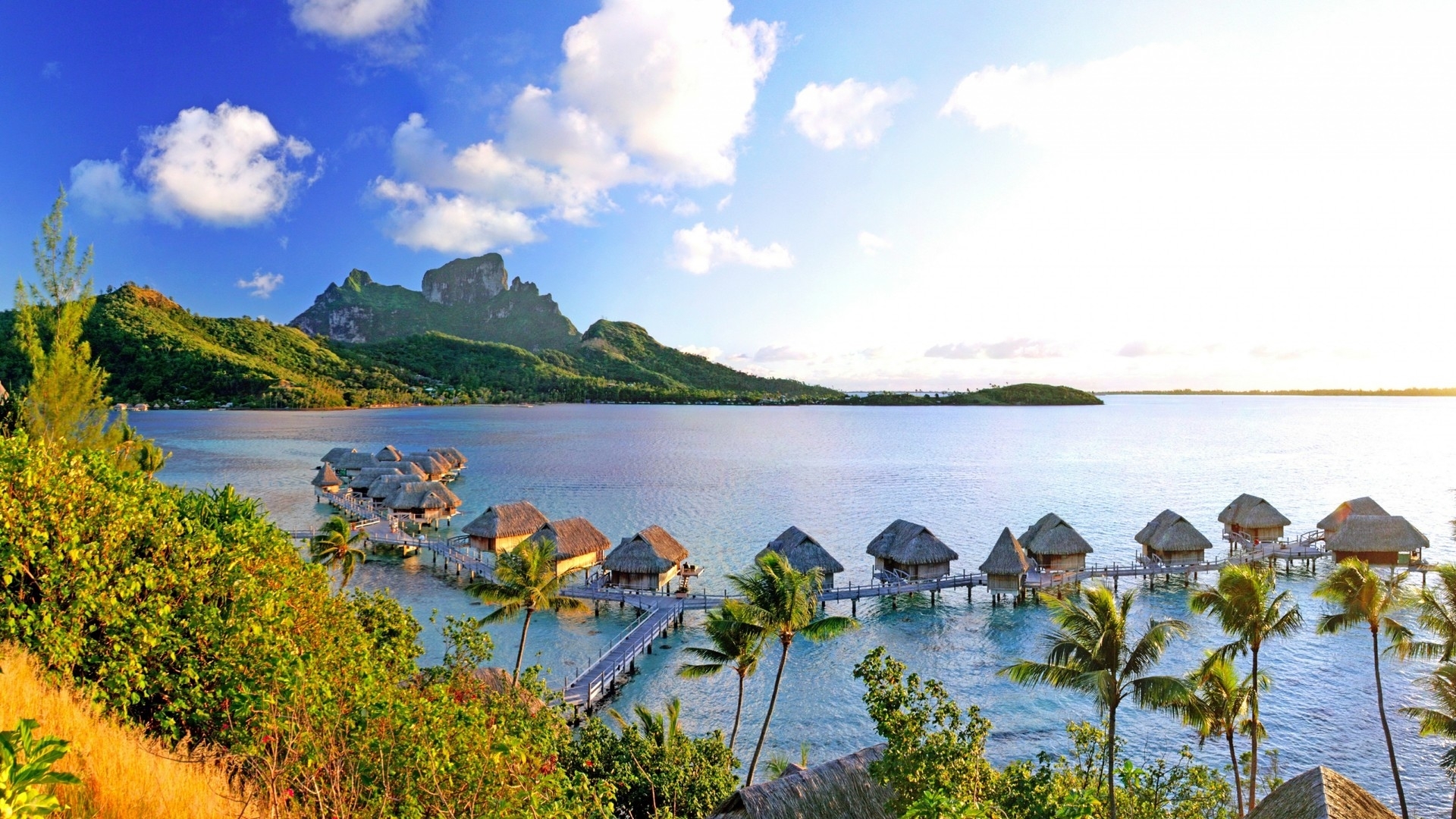resort, ocean, trees, clouds, sky, nature, bora bora, mountains, bungalows, HD Wallpaper