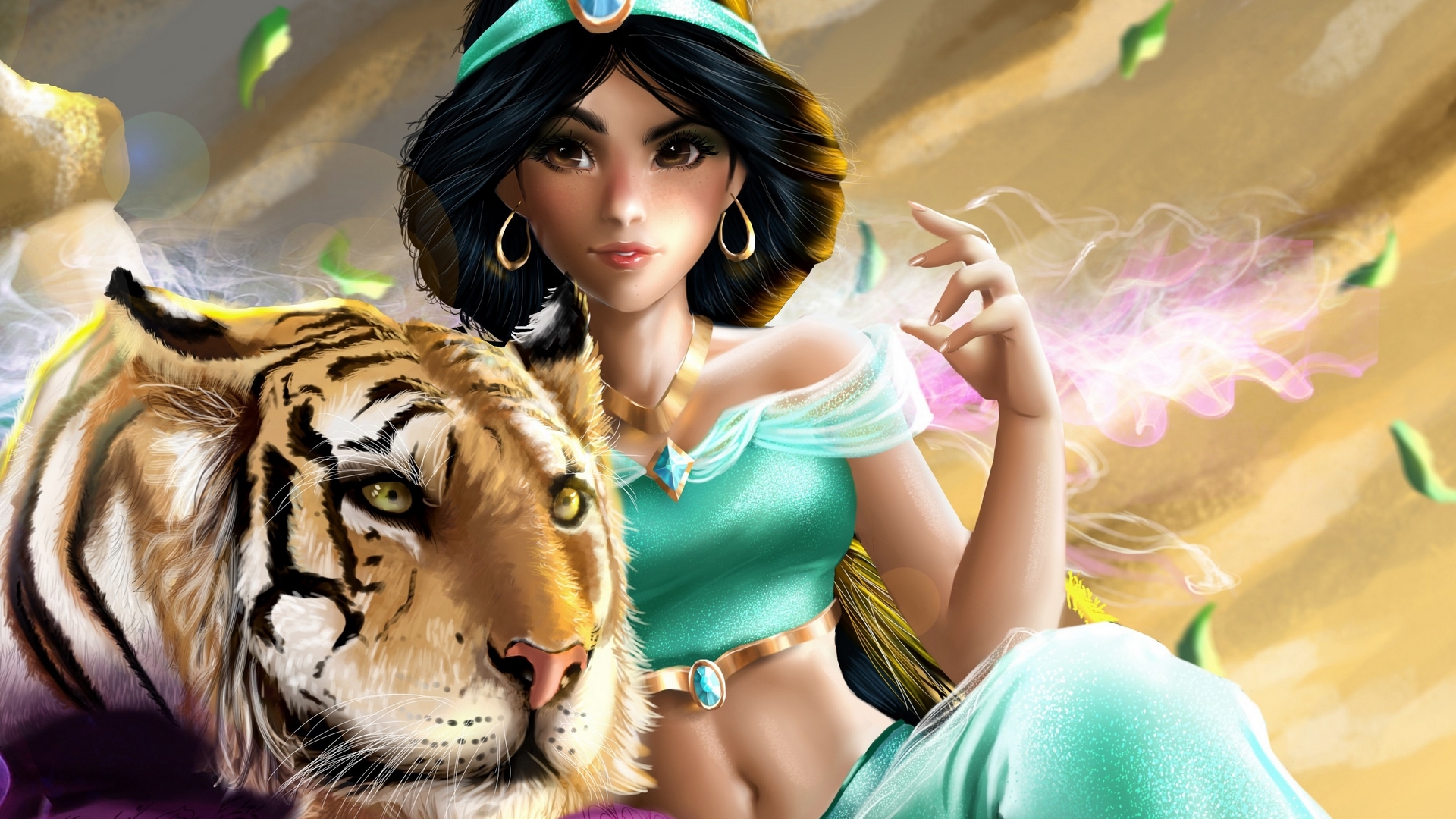 fanart, art, luminos, tiger, jasmine, indymbras, fantasy, girl, green, princess, disney, HD Wallpaper