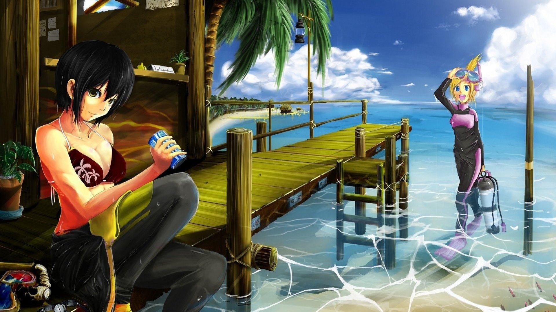 scuba gear, swim suit, girls, anime, HD Wallpaper
