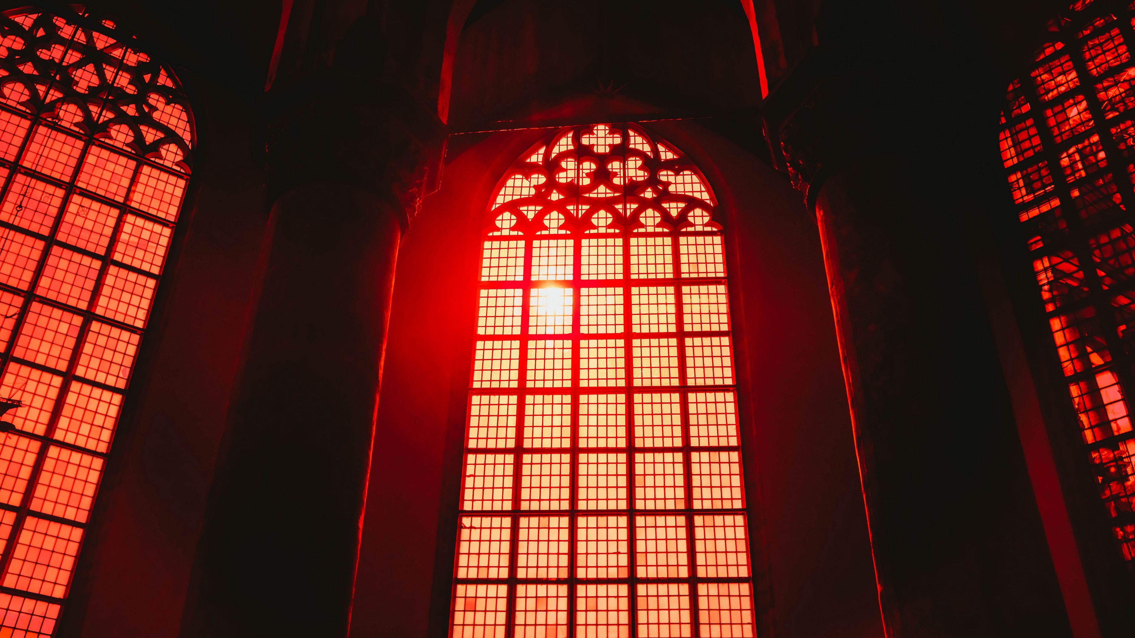 window, arch, interior, red, architecture, light, 4k, HD Wallpaper