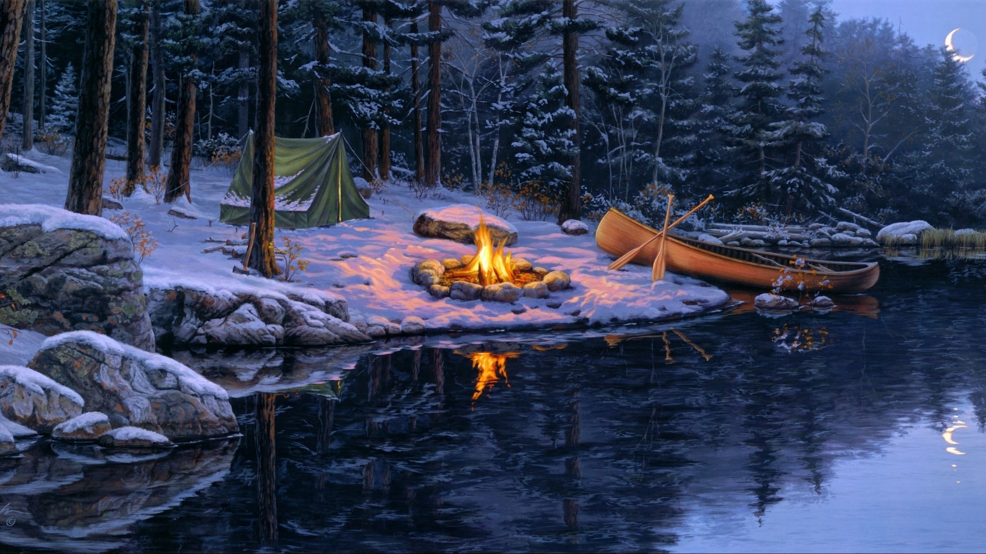 painting, fire, river, winter, HD Wallpaper