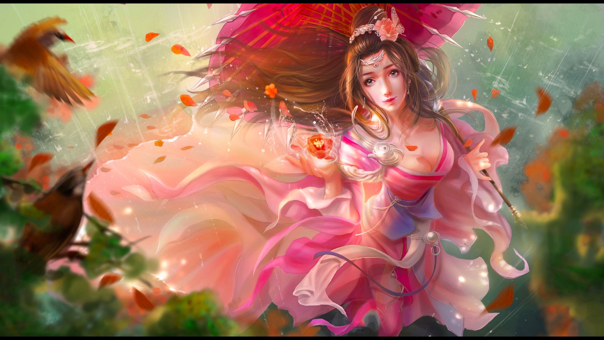 art, fantasy, girl, digital, pink, woman, geisha, beautiful, HD Wallpaper