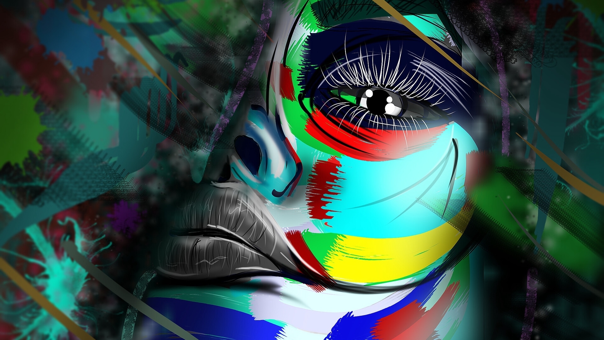 blue, art, red, colorful, grafitti, eye, yellow, girl, green, stephanie jones, face, white, HD Wallpaper