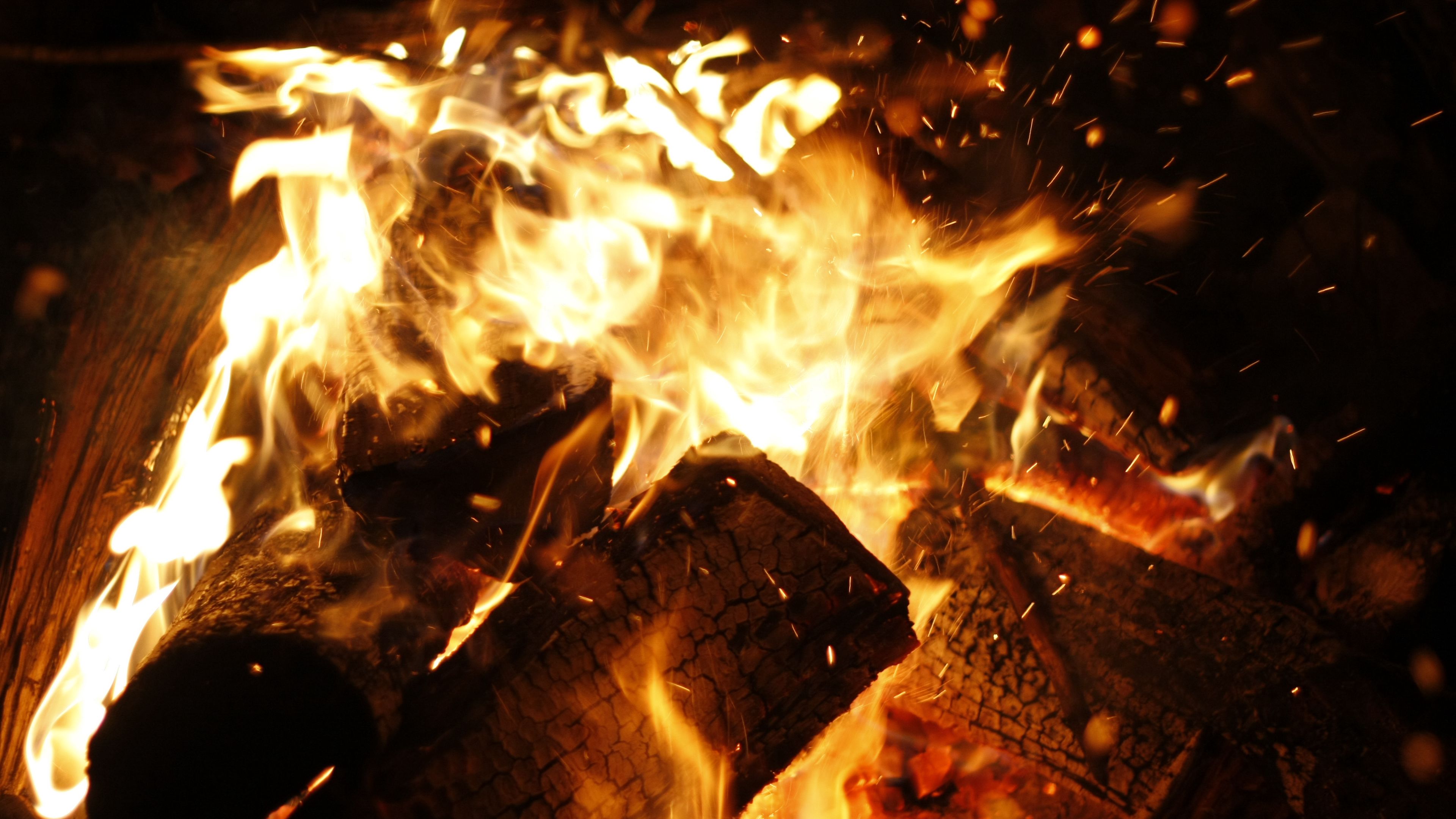 bonfire, fire, flames, coals, firewood, sparks, 4k, HD Wallpaper