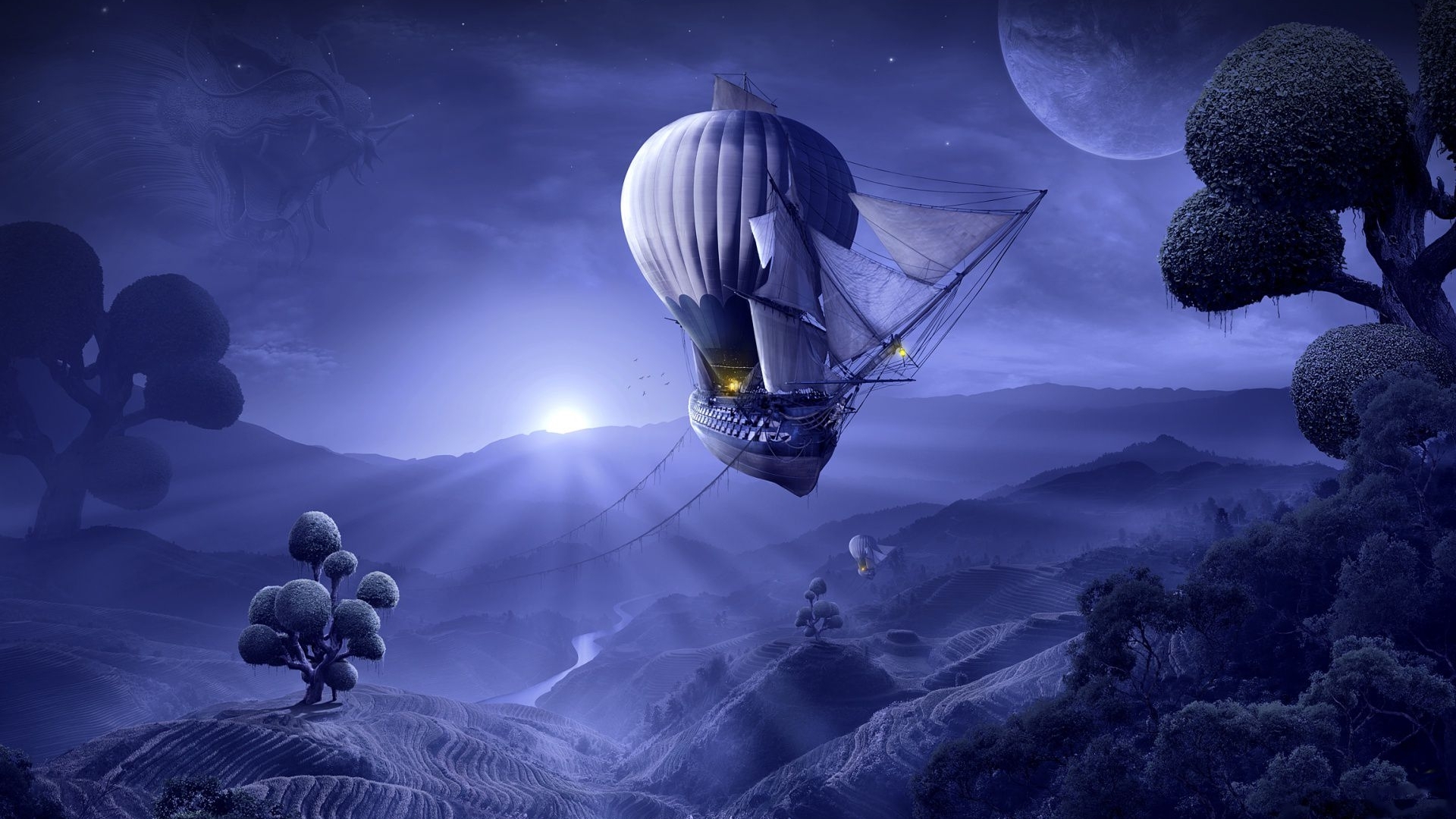 art, airships, planet, mountains, landscape, night, HD Wallpaper