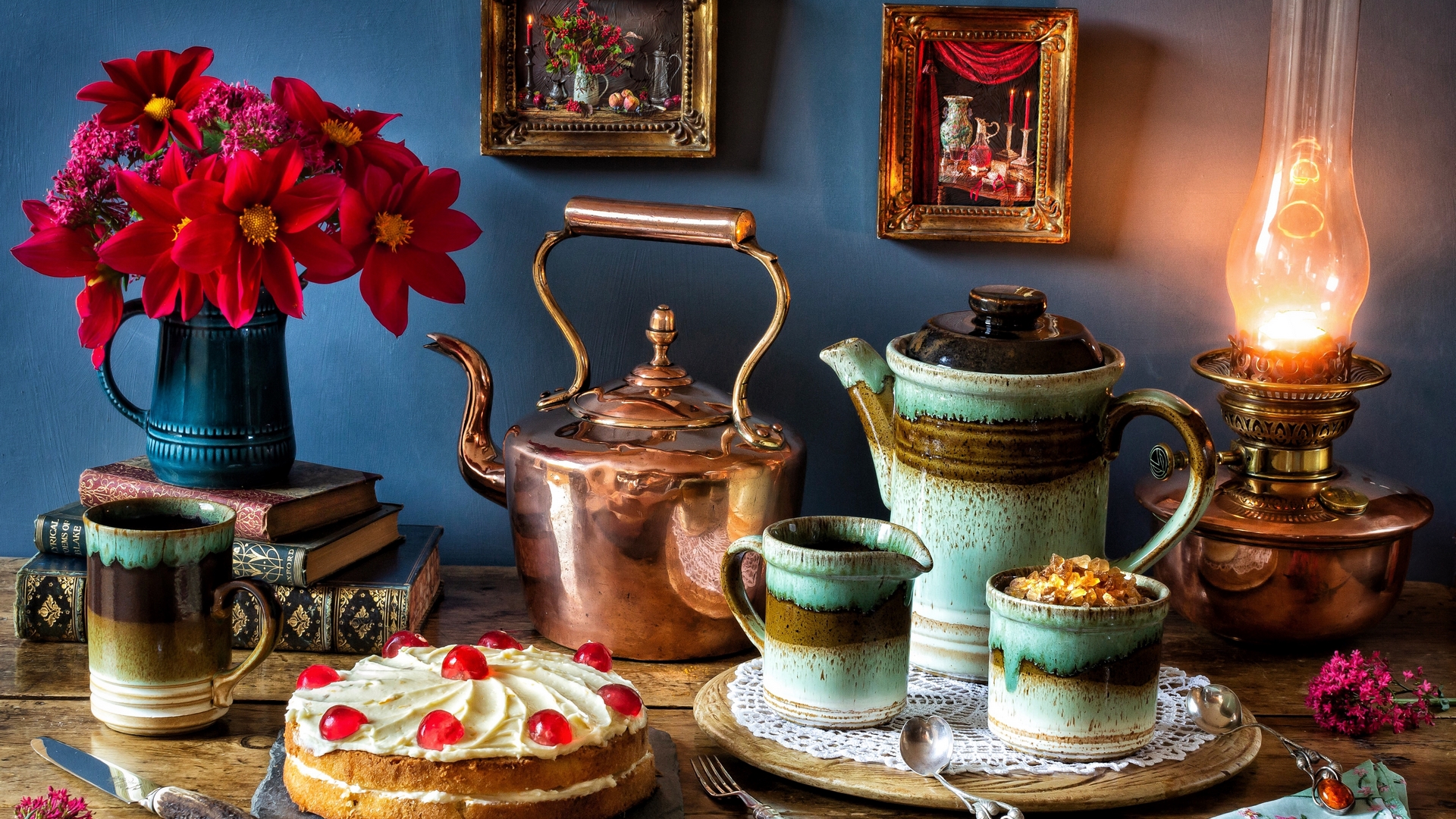 flowers, kettle, lamp, books, cake, HD Wallpaper