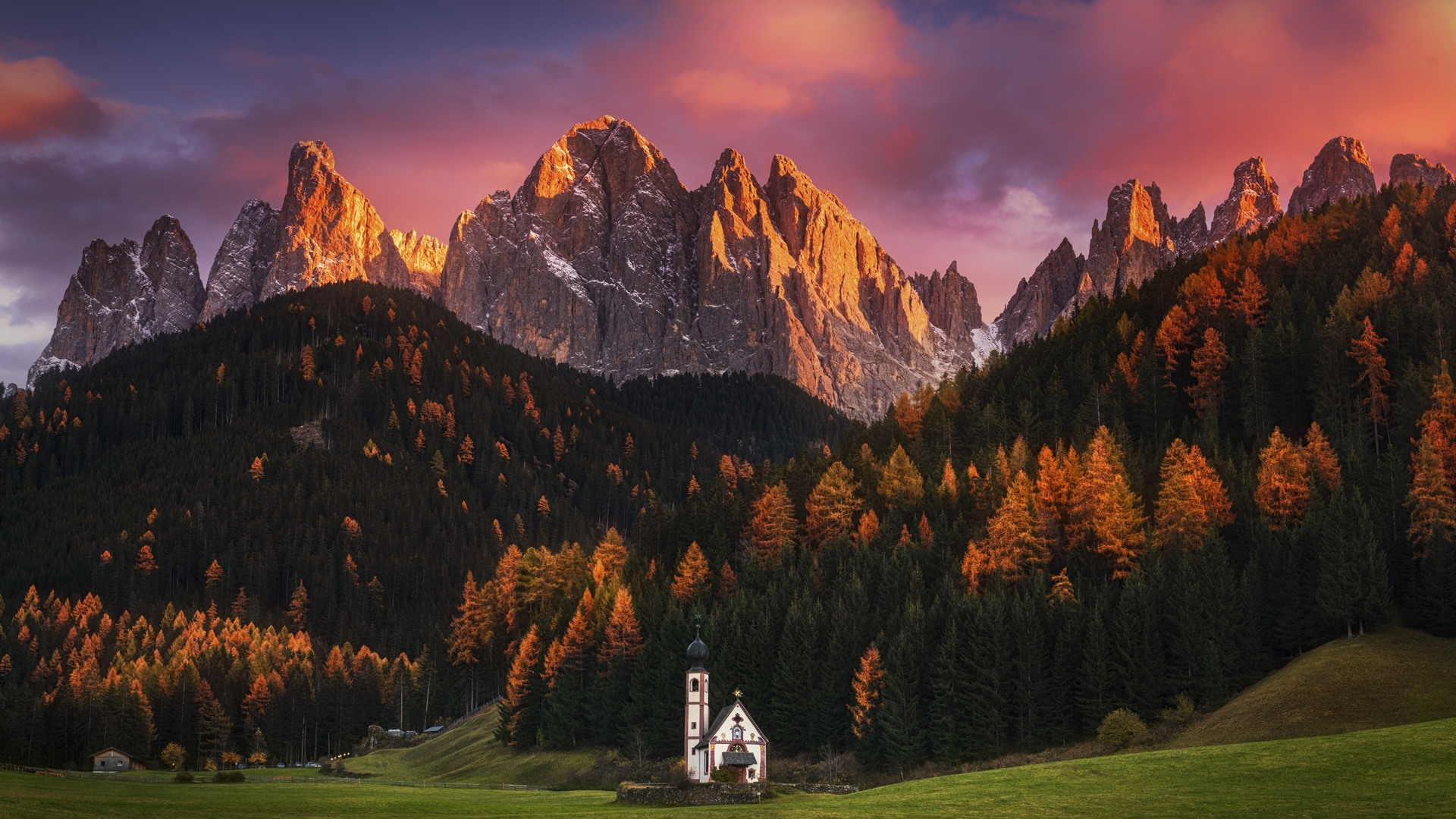 sunset, trees, church, alps, clouds, HD Wallpaper