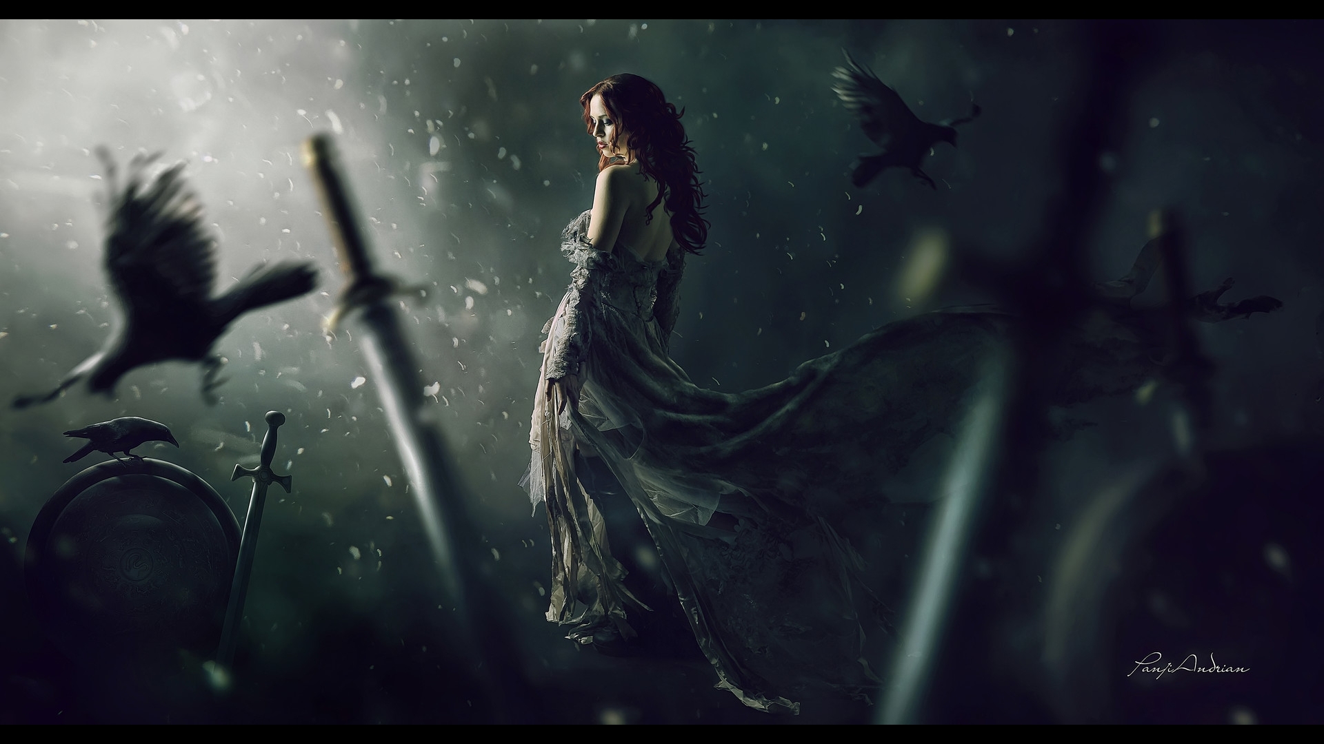 panjoool, fantasy, girl, bird, sword, HD Wallpaper