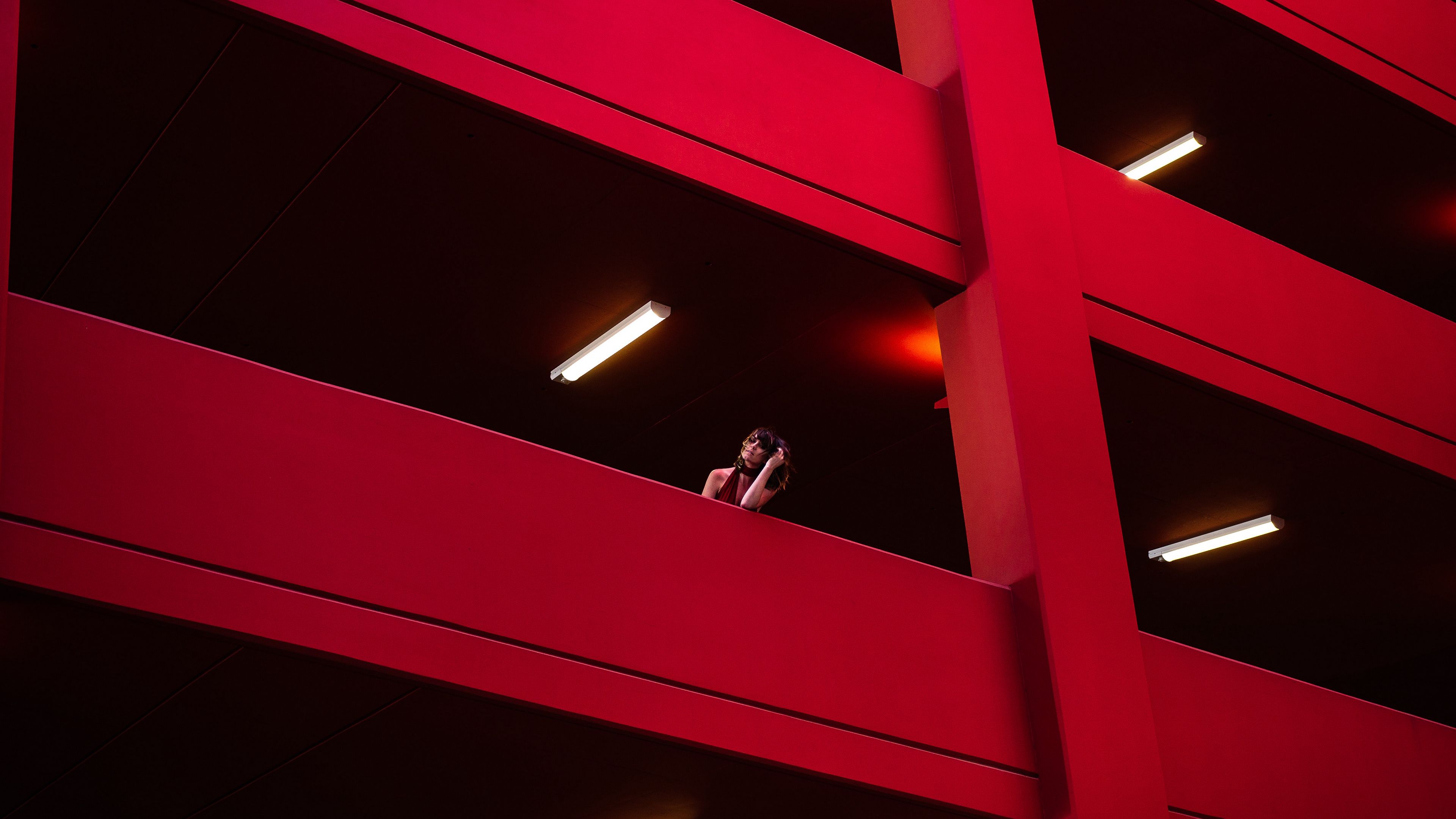 girl, architecture, red, minimalism, 4k, HD Wallpaper