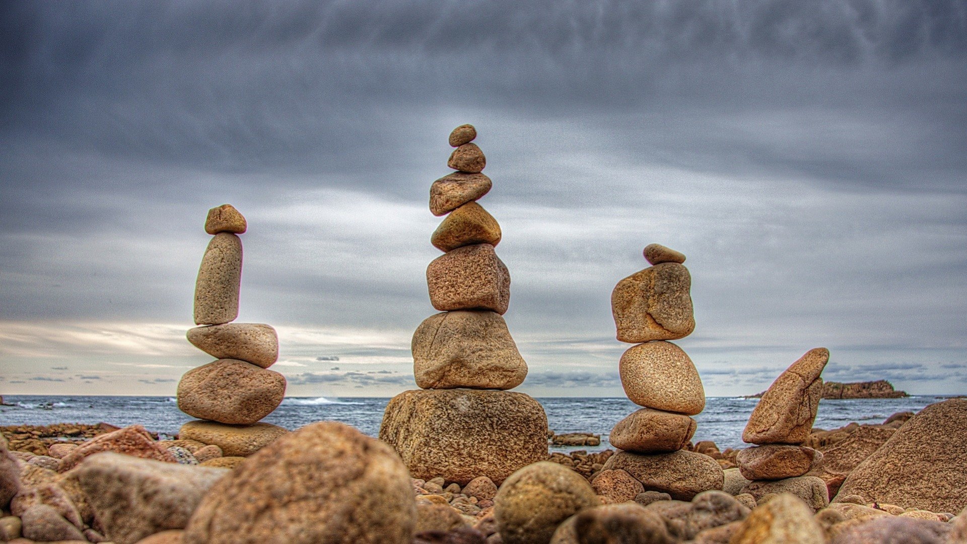 rocks, shore, clouds, stacks, sea, HD Wallpaper