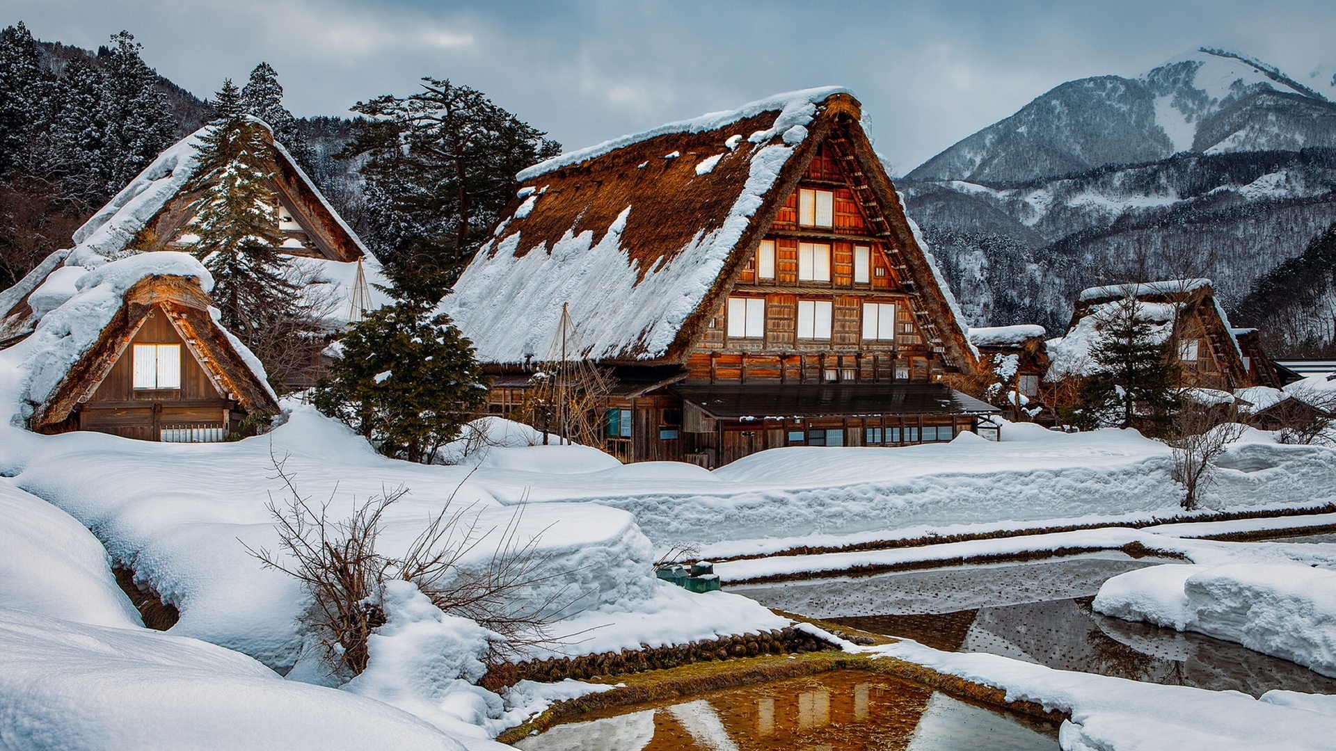 snow, chalet, winter, mountain, beautiful, reflection, HD Wallpaper