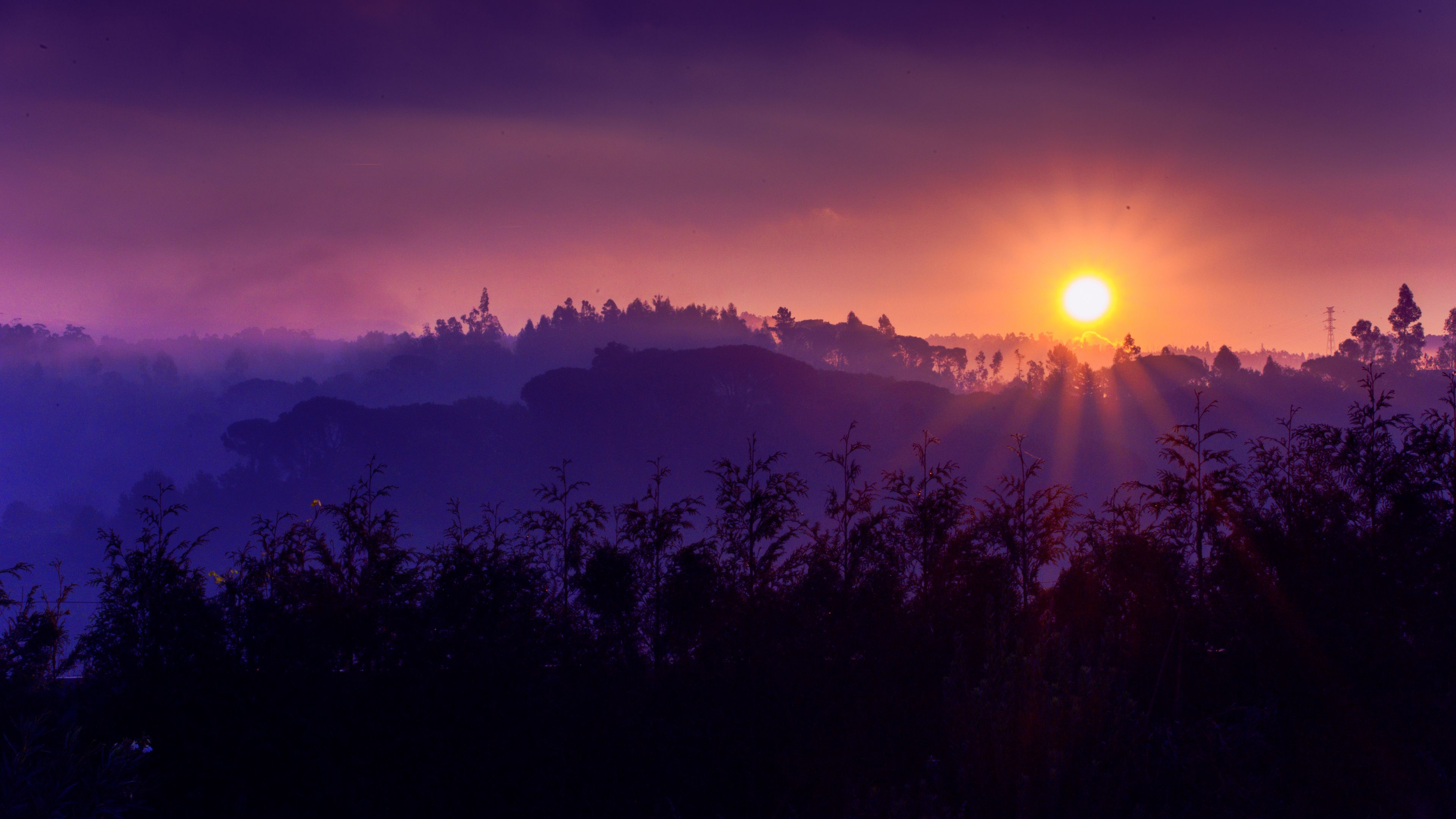 sun, sunset, mountains, sky, grass, 4k, HD Wallpaper