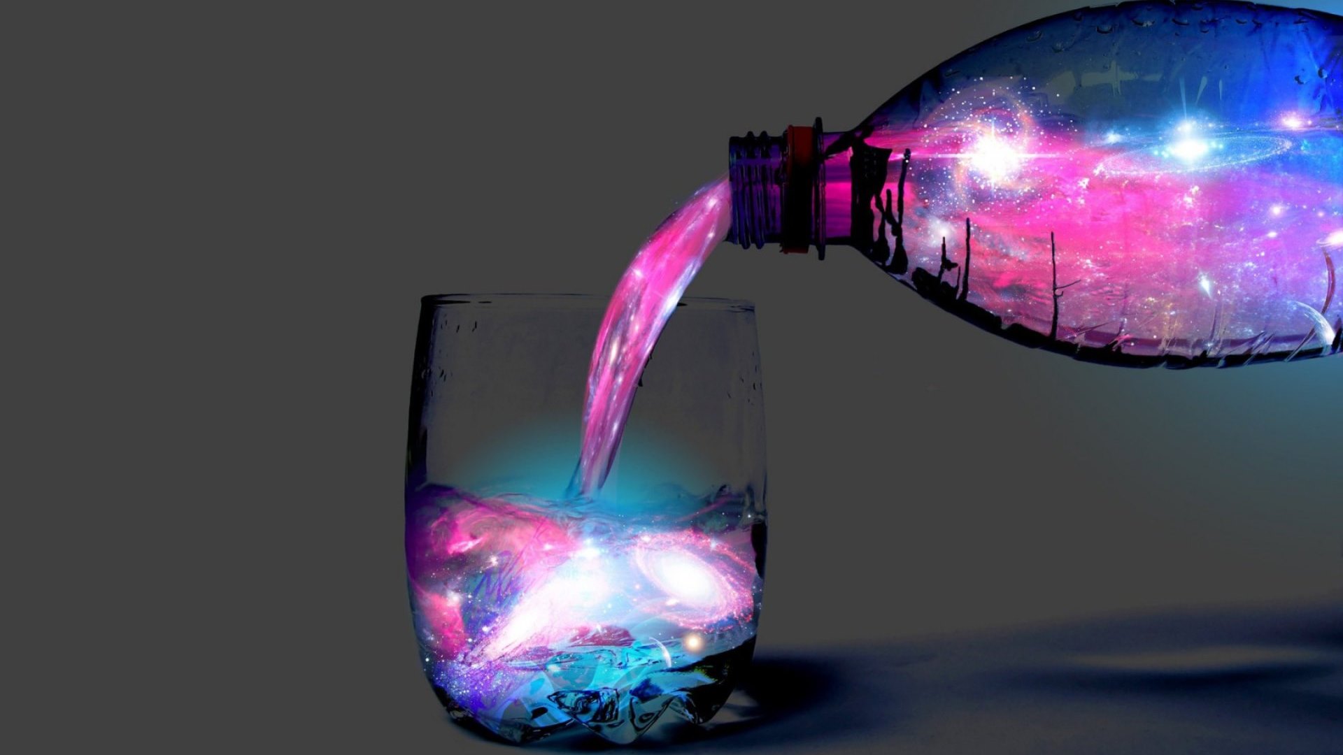 artistic, liquid, bottle, space, glass, water, drink, pink, blue, HD Wallpaper