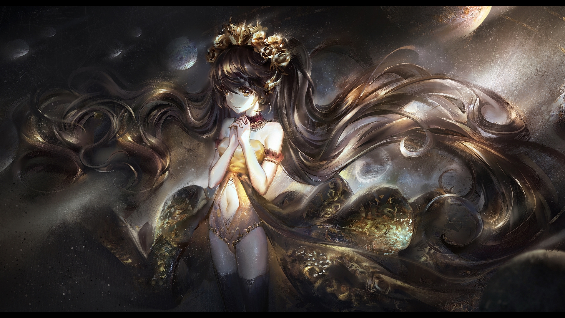 wreath, girl, rose, golden, anime, flower, manga, kvpk5428, HD Wallpaper