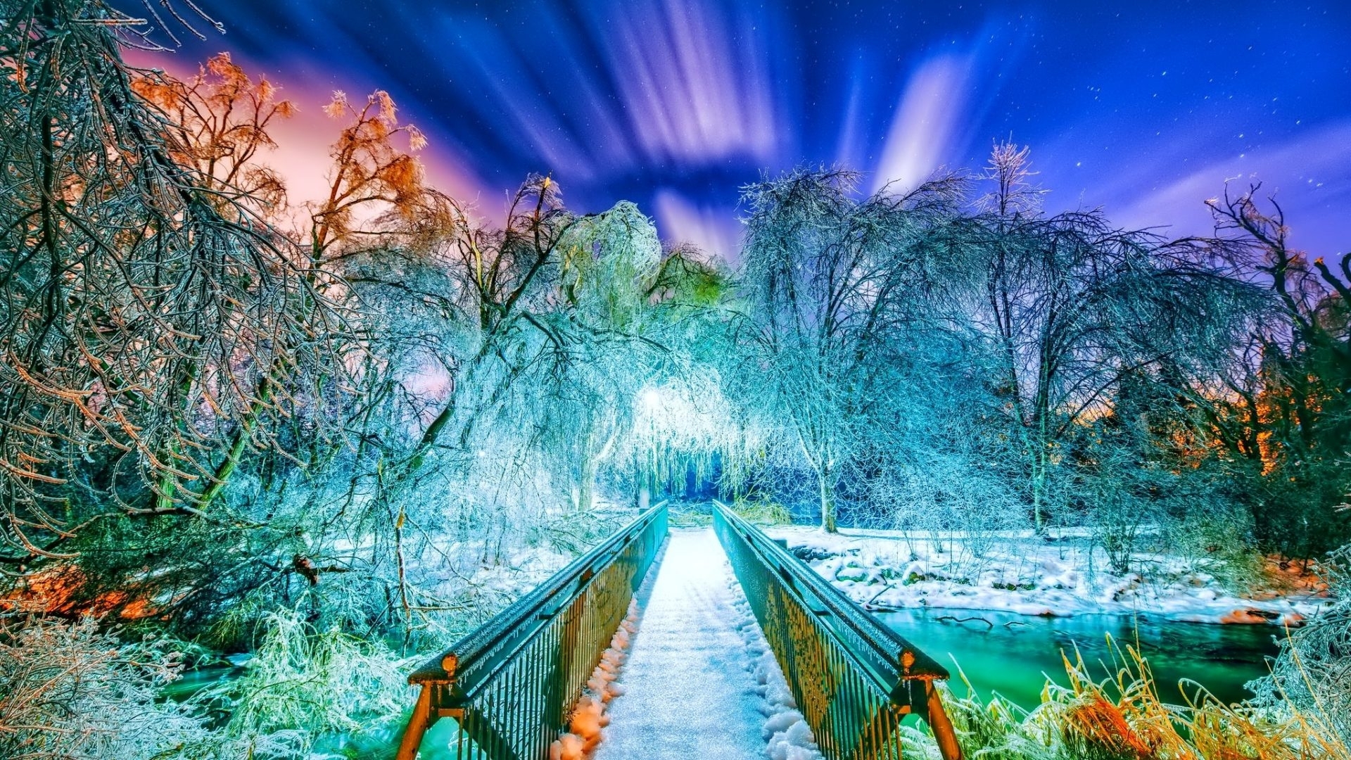 trees, sky, winter, water, rays, snow, bridge, ice, river, HD Wallpaper
