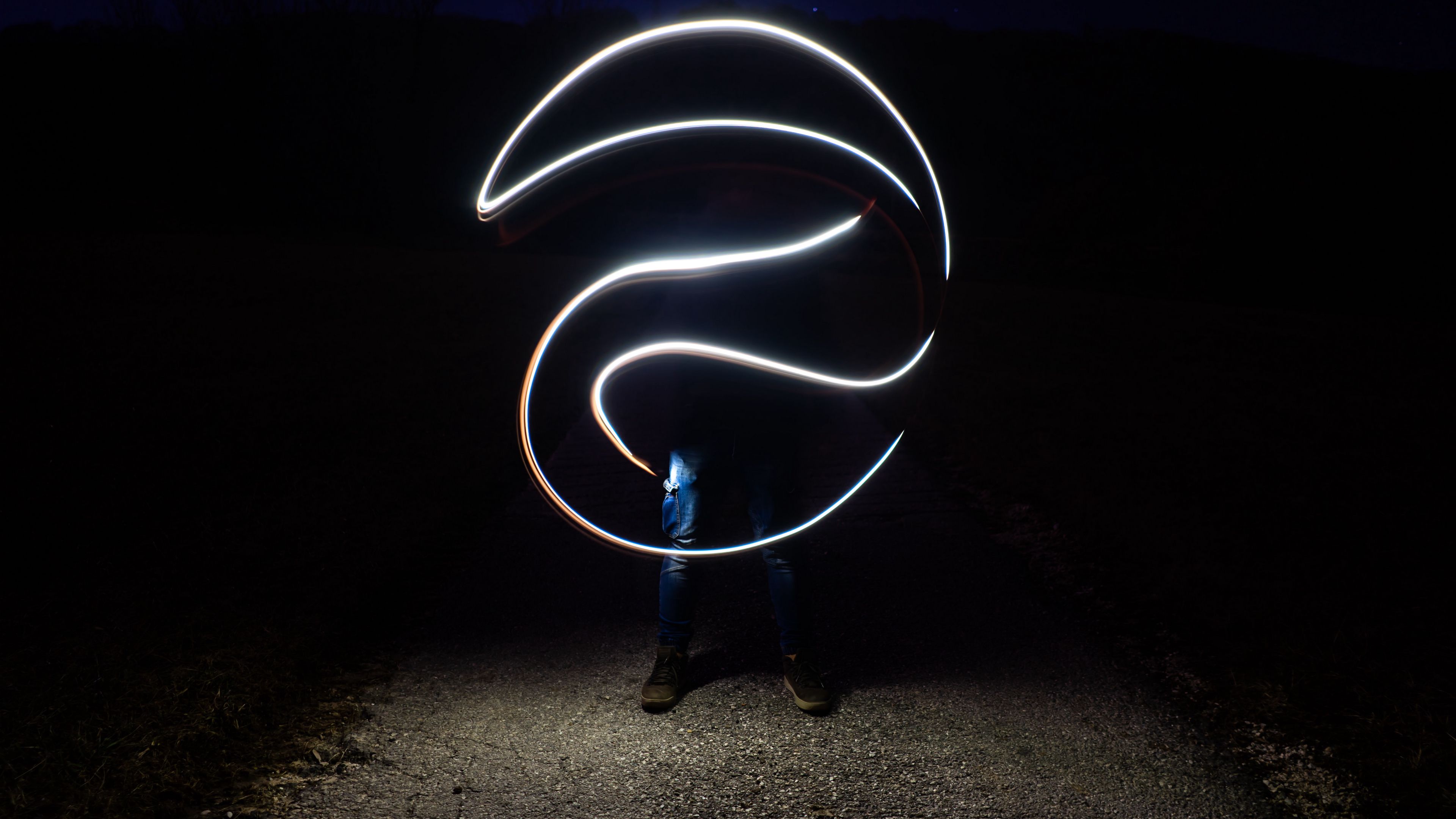 freezelight, long exposure, man, dark, 4k, HD Wallpaper
