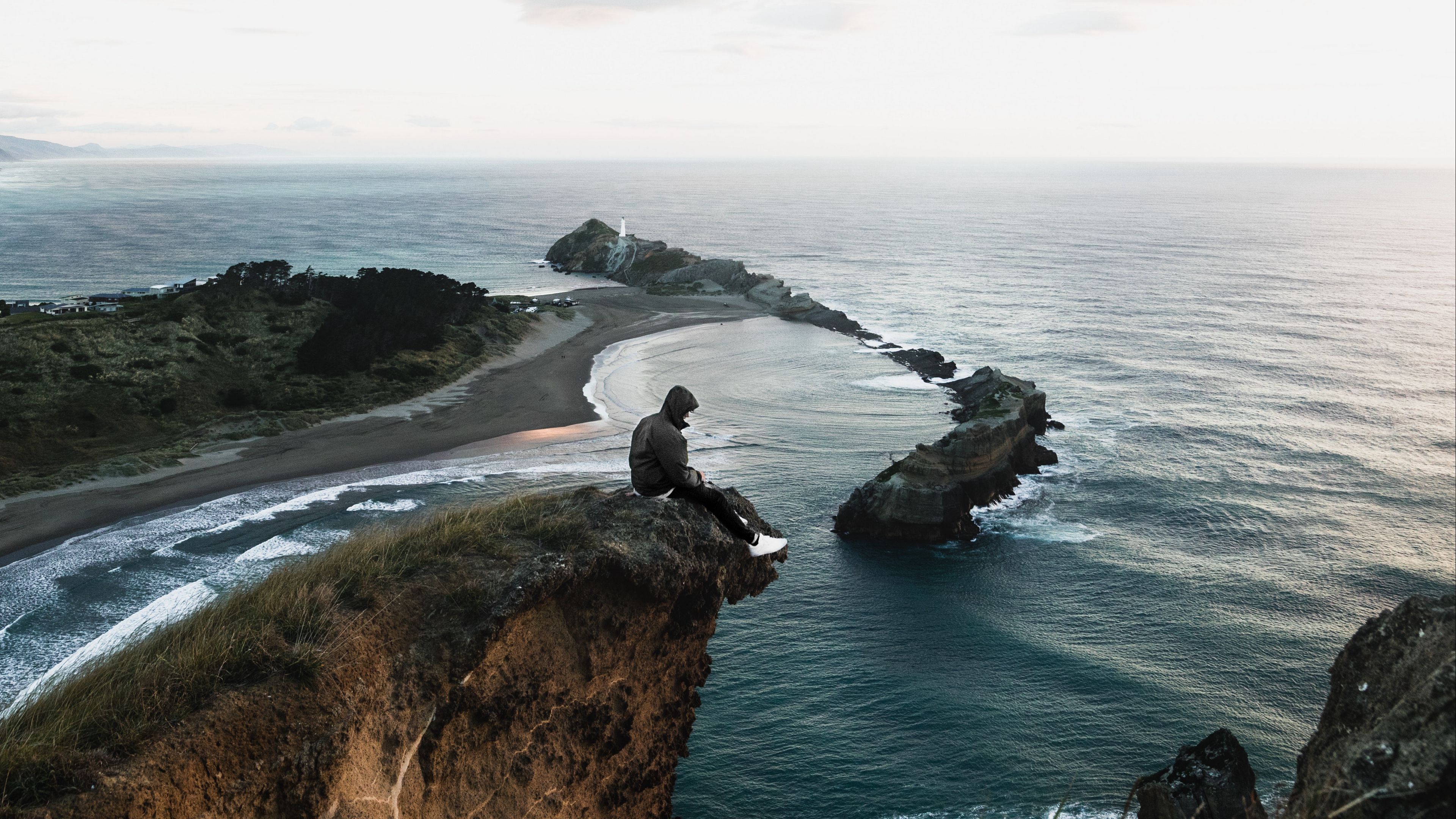 cliff, sea, alone, solitude, new zealand, 4k, HD Wallpaper