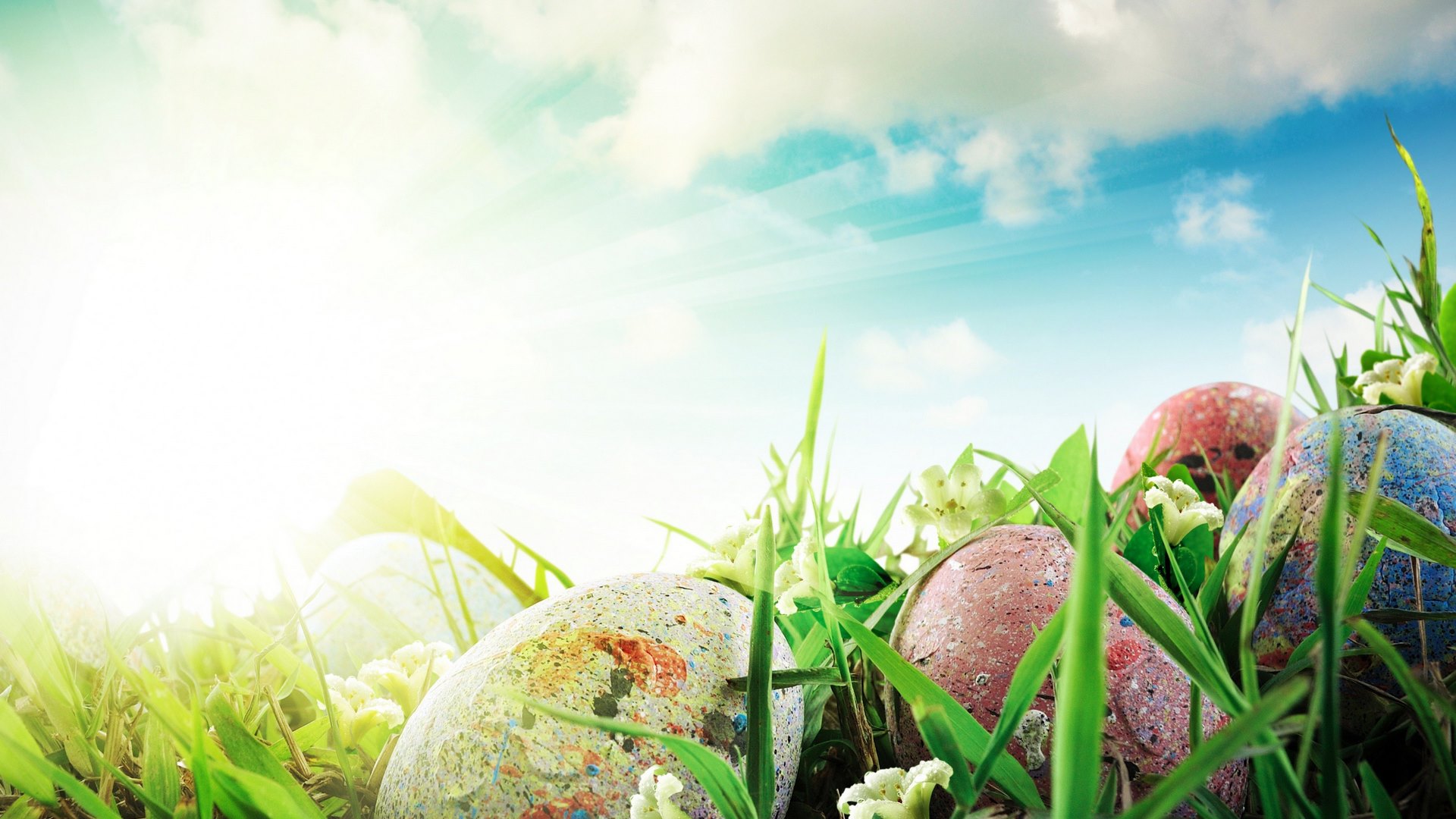 holidays, grass, fresh, spring, special day, sky, event, clods, easter, green, eggs, sunshine, HD Wallpaper