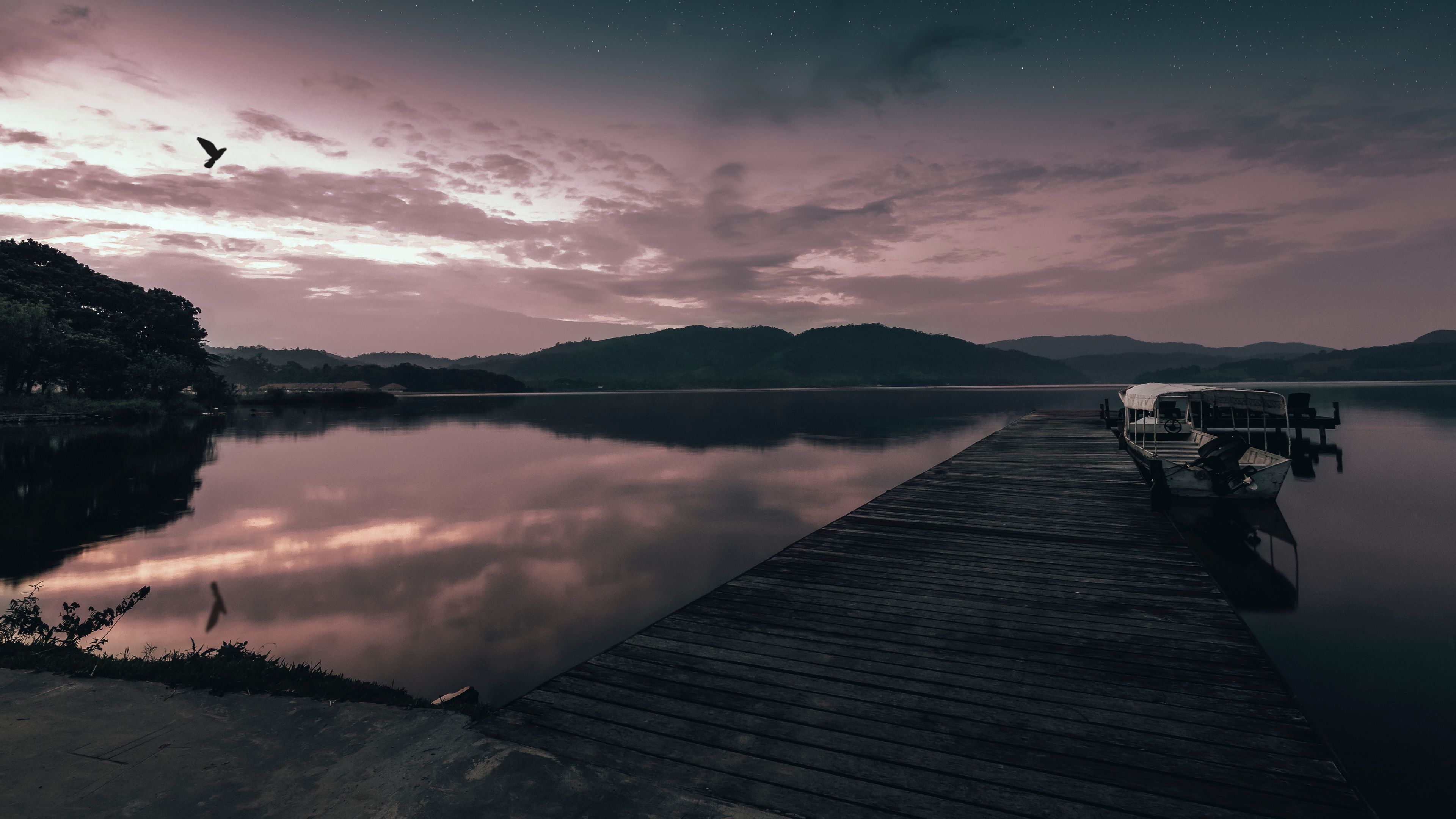 pier, boat, sunset, sea, sky, 4k, HD Wallpaper