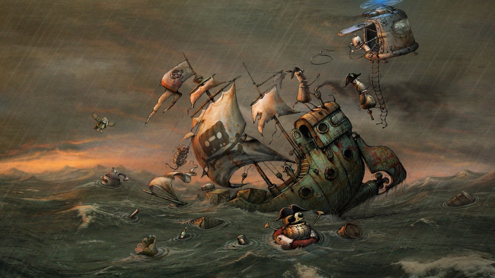 ocean, sails, waves, abstract, sky, clouds, metal, boat, ship, nature, robots, rough, HD Wallpaper