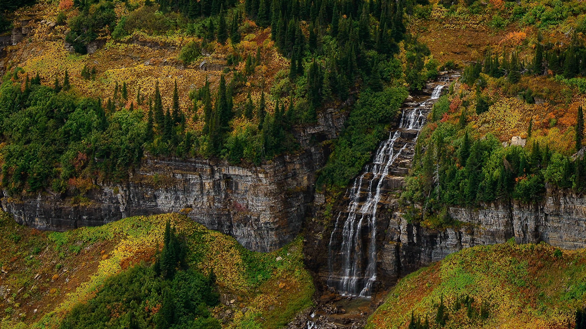 mountain, trees, waterfall, glacier national park, landscape, HD Wallpaper