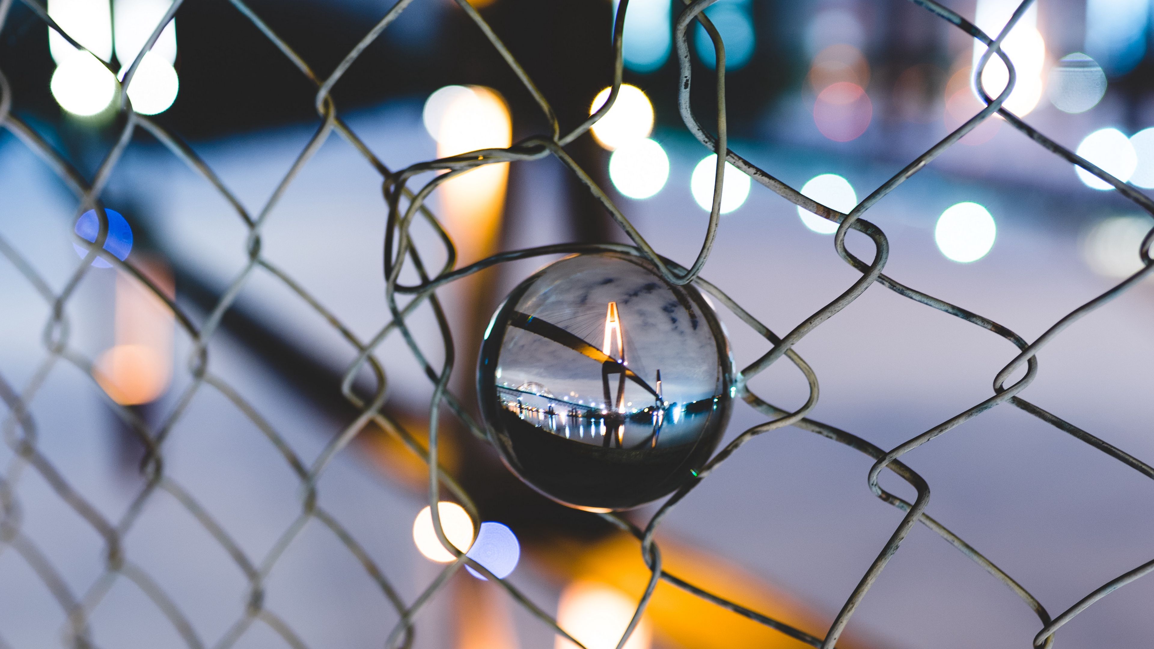 ball, glass, fence, mesh, light, 4k, HD Wallpaper