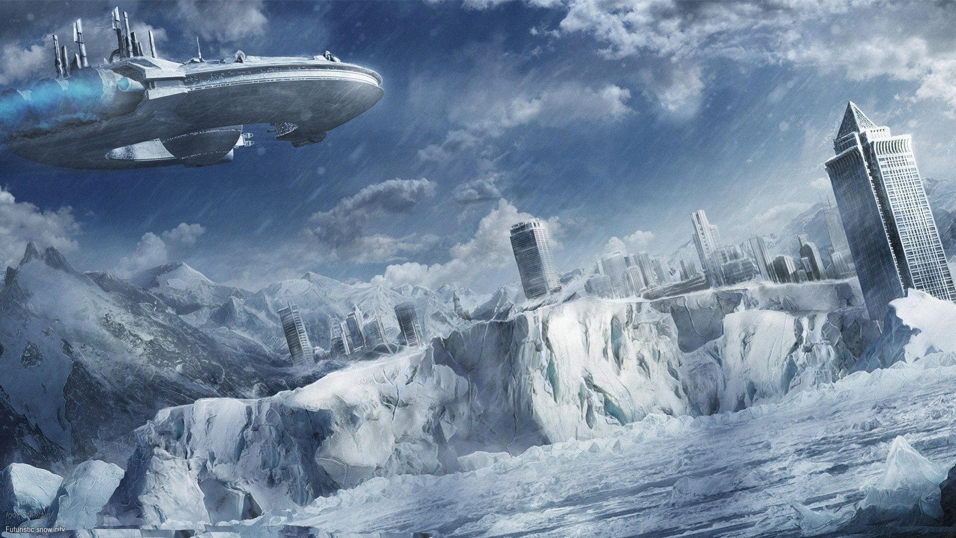 ship, snow, mountains, buildings, clouds, HD Wallpaper