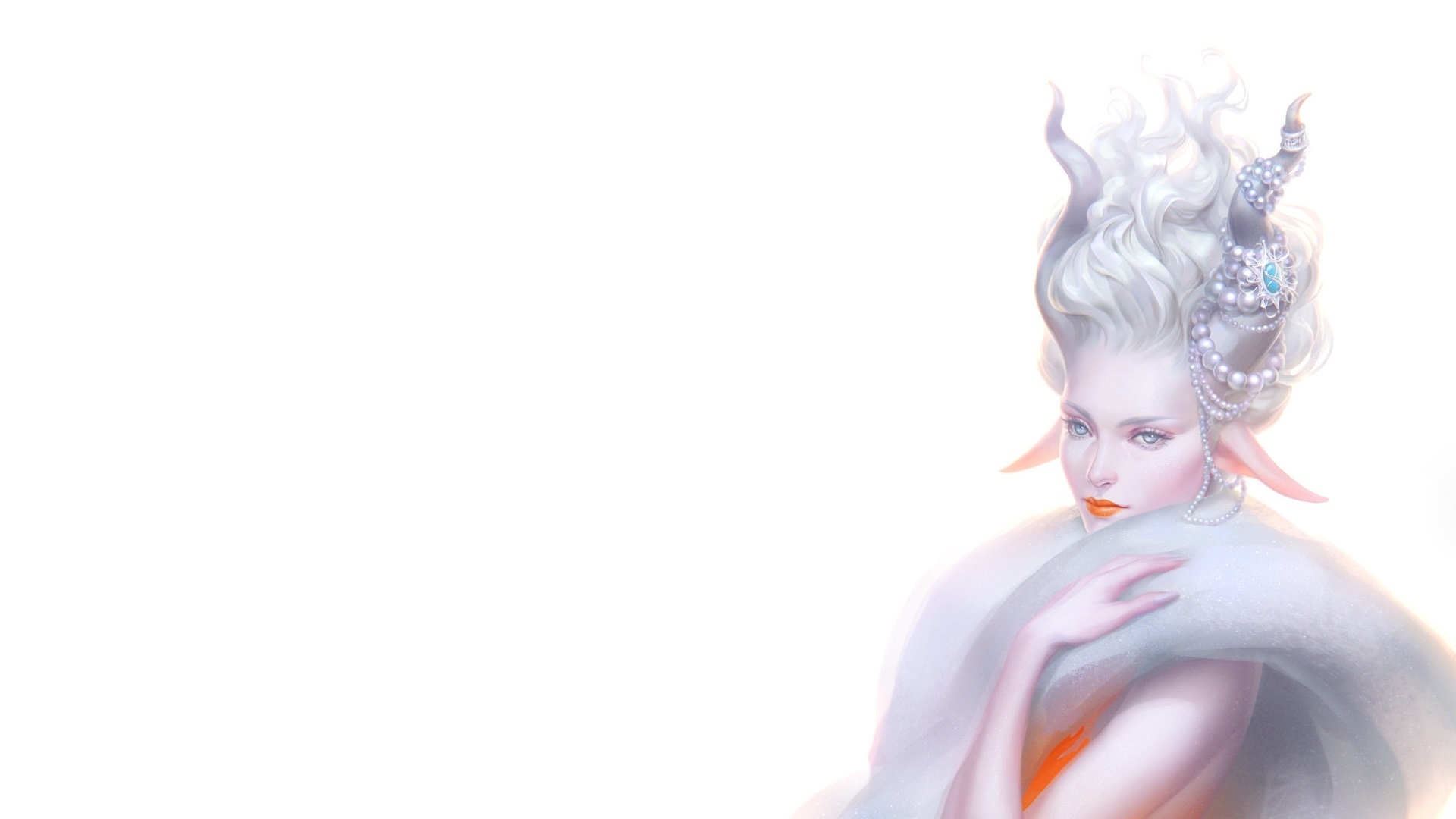 art, luminos, orange, horns, pearl, fantasy, girl, hand, tatiana kirgetova, white, fur, HD Wallpaper