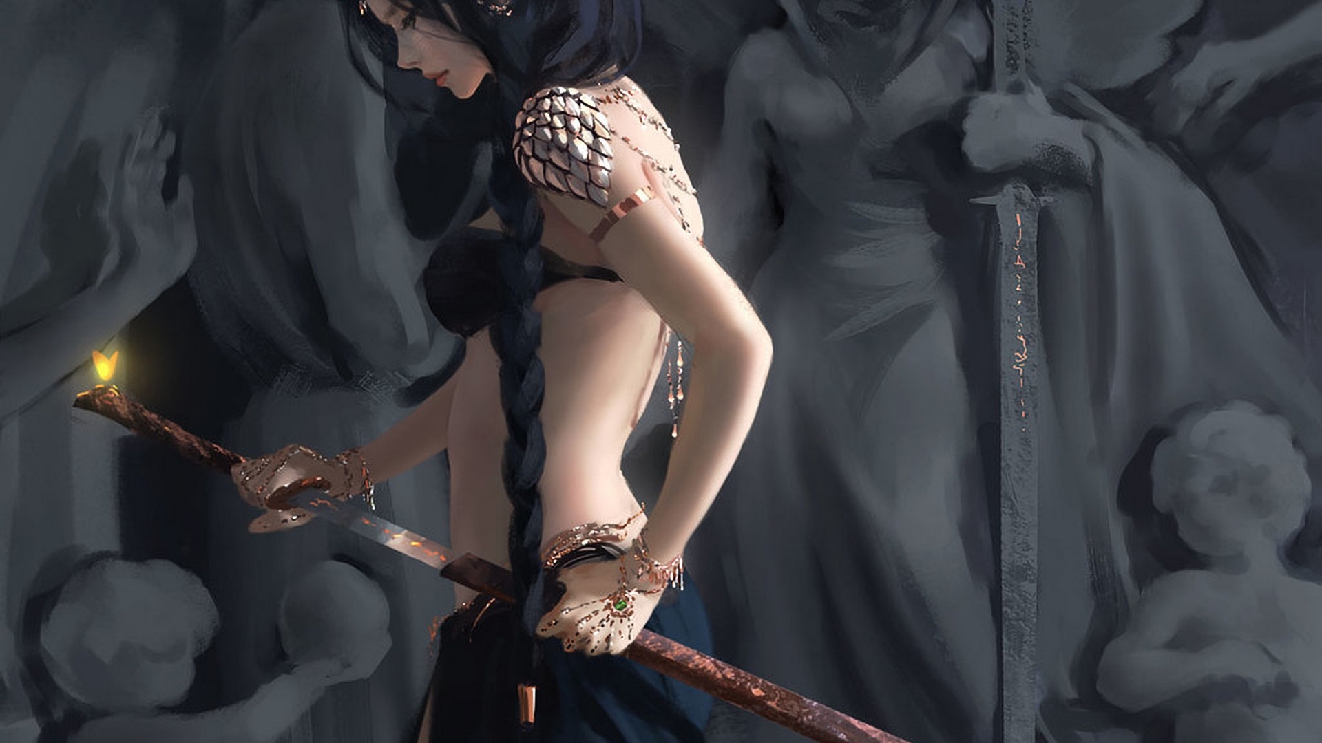 art, wlop, fantasy, death, luminos, girl, black, sin, HD Wallpaper