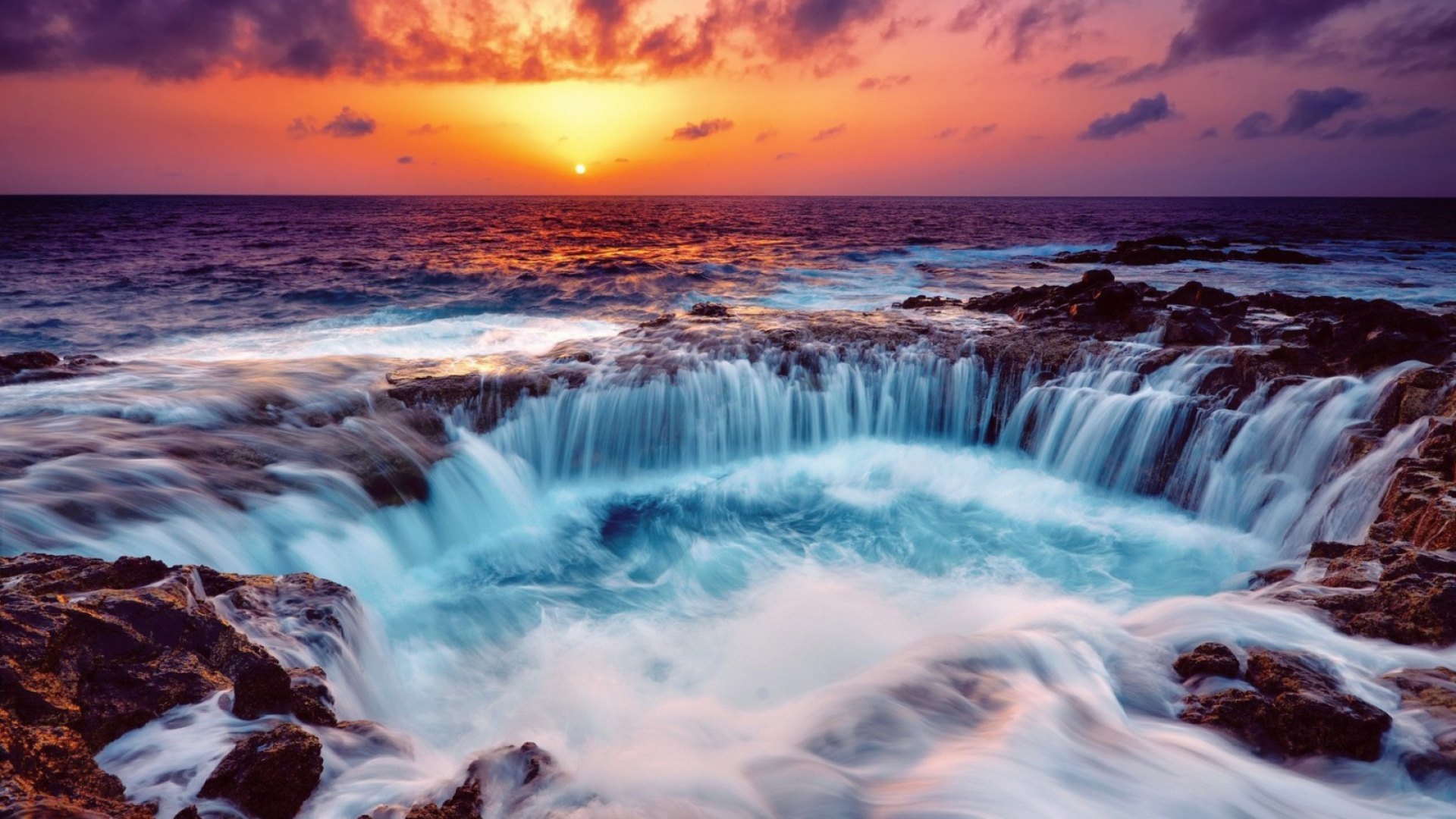 rocks, shore, surf, hdr, sunset, sea, falls, HD Wallpaper
