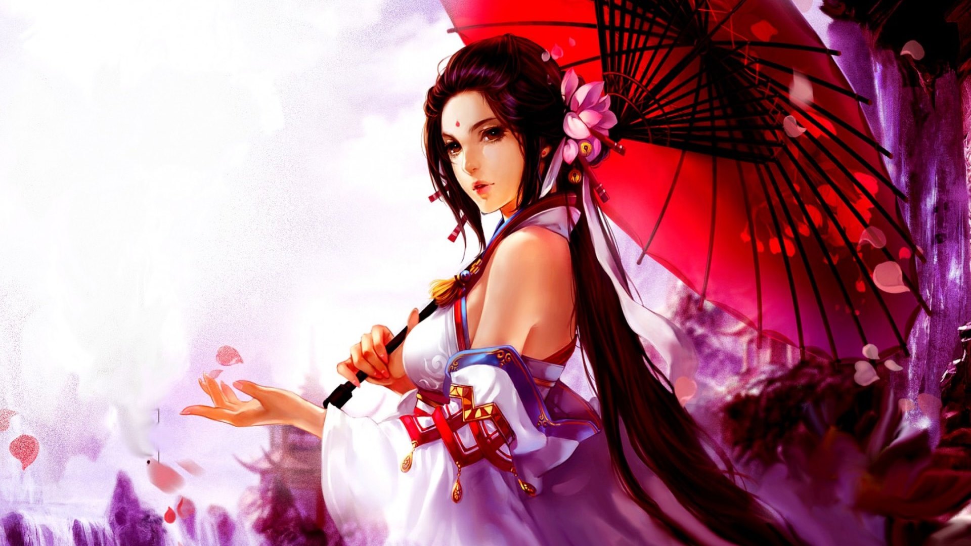 girl, game, umbrella, beauty, petals, HD Wallpaper