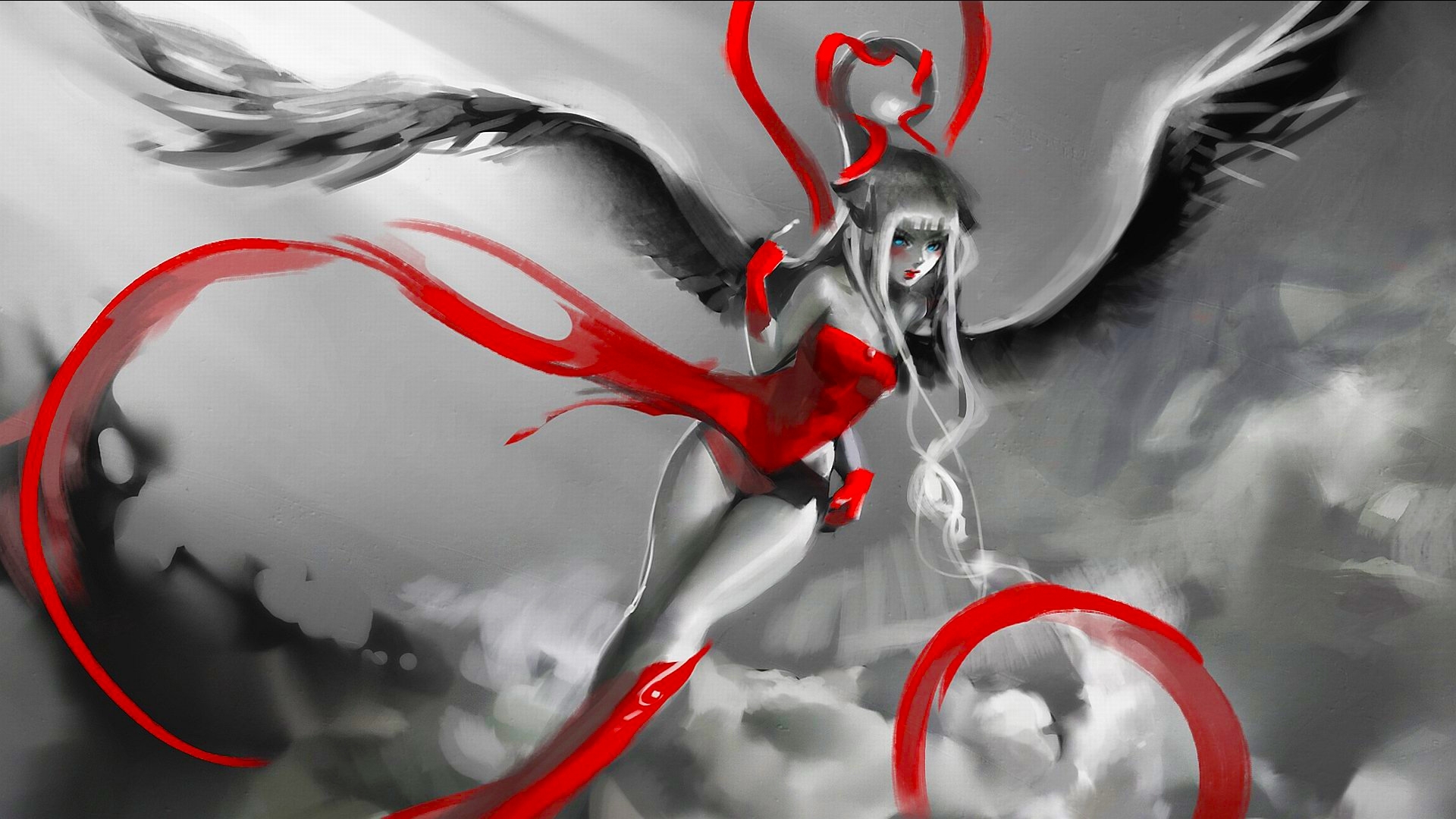 fantasy, girl, color splash, angel, digital, woman, art, red, pretty, HD Wallpaper